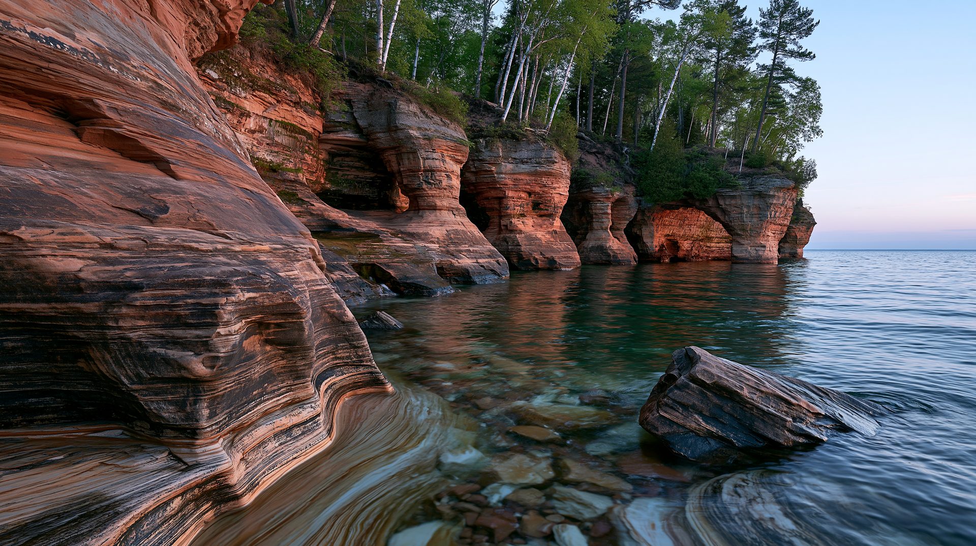 A wide-angle landscape photograph at dawn showing a rugged shoreline of layered, red-orange sandstone cliffs with sea cave openings, topped by a green forest of birch and evergreen trees overlooking crystal-clear teal lake water with visible rocks on the lake bed.