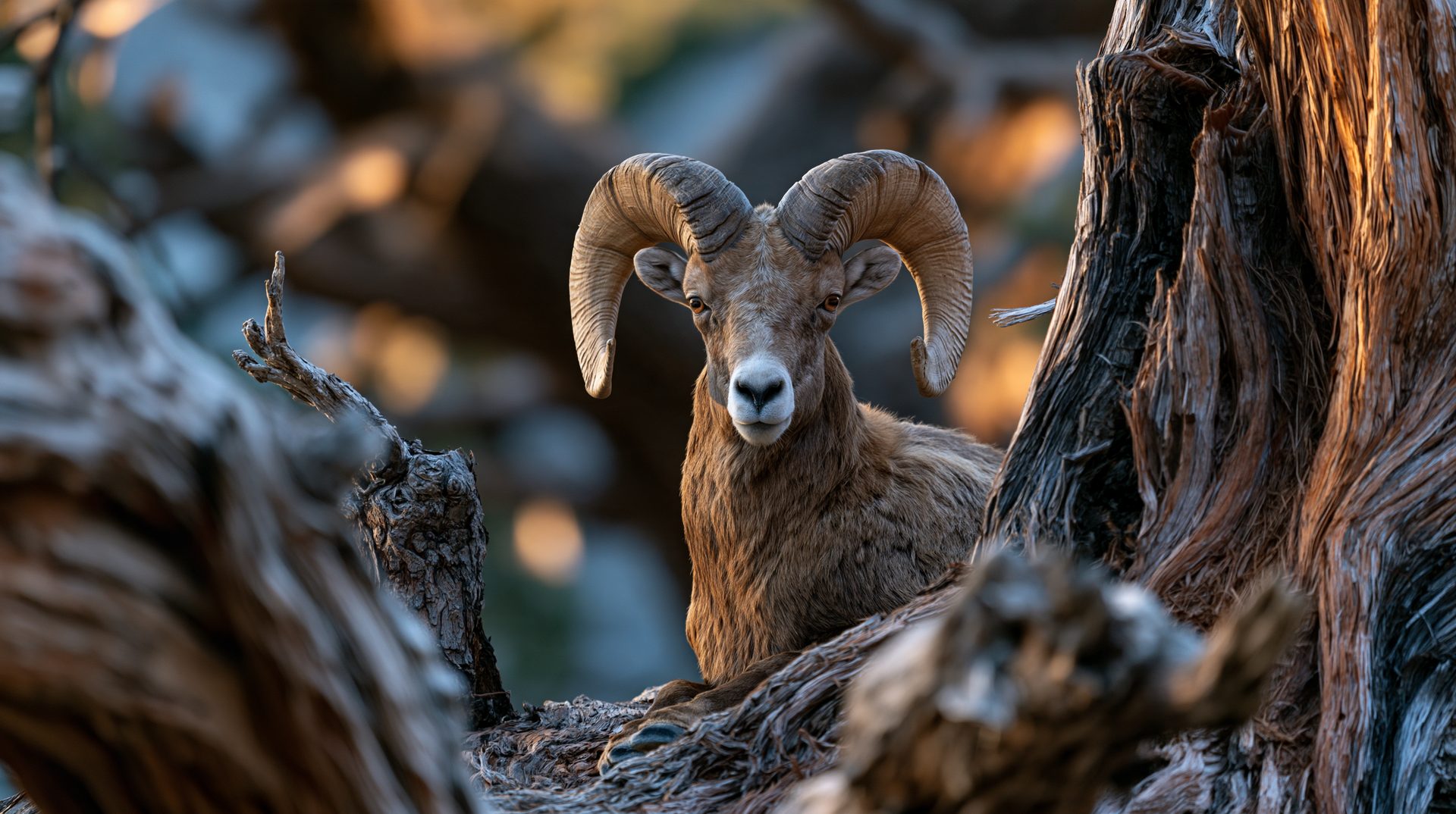 A close-up portrait of a wild Sierra Nevada bighorn sheep ram with thick, tightly curled horns, looking directly into the camera while framed tightly between the textured, weathered trunks of old-growth Sierra juniper trees under soft, golden lighting.