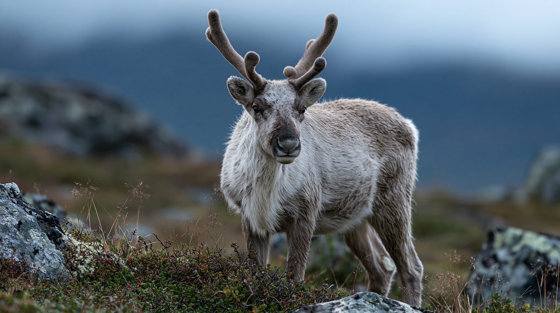 A young Eurasian tundra reindeer with soft velvet-covered antlers stands in a rocky, low-growing tundra landscape under a hazy, overcast mountainous sky.