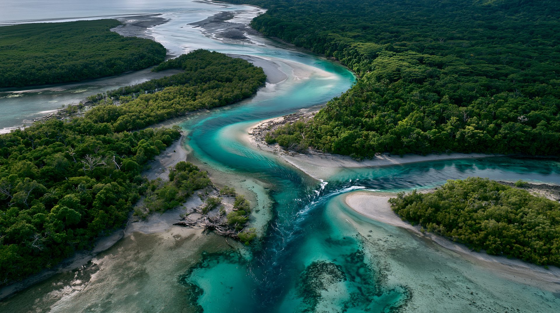 A high-angle aerial view of a twisting turquoise river estuary carving through a vast, dense green tropical forest and mangrove swamp under daylight in Vanuatu.