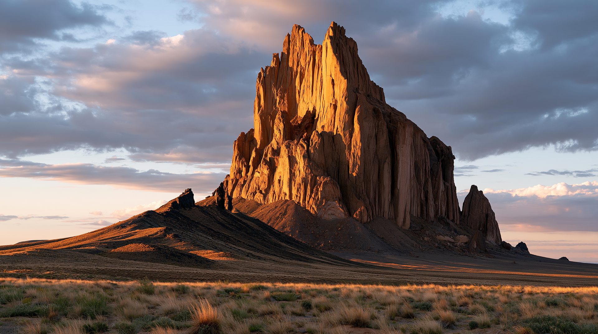 A majestic golden hour view of Shiprock rock formation rising from a desert plain under a cloudy sky, with the sun casting a warm orange glow across the volcanic spires in New Mexico.