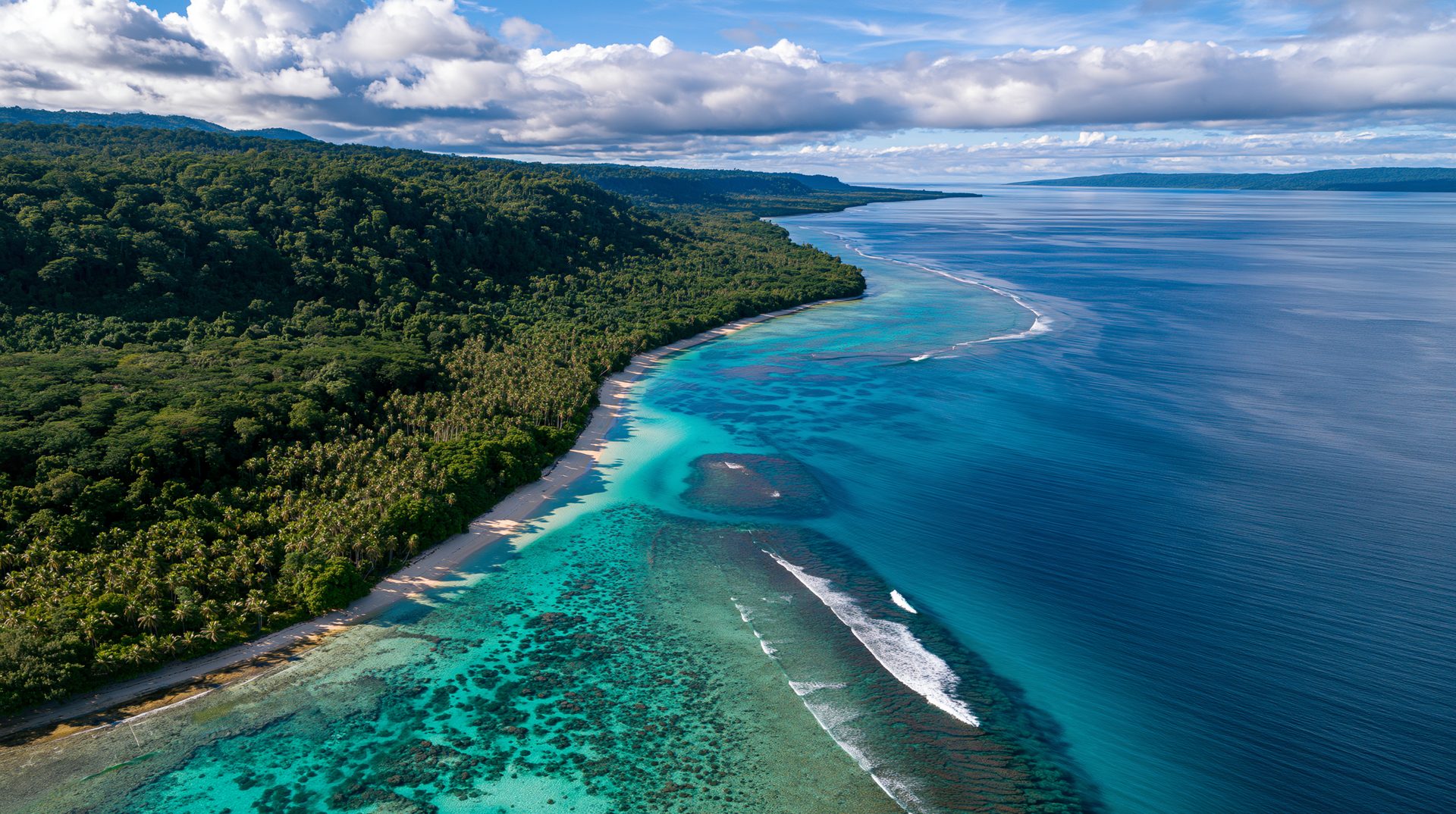 High-angle aerial view of a vast green rainforest coastline opening to a curved white sand beach, vibrant turquoise coral reefs, and distant mountains under a cloudy sky in Vanuatu