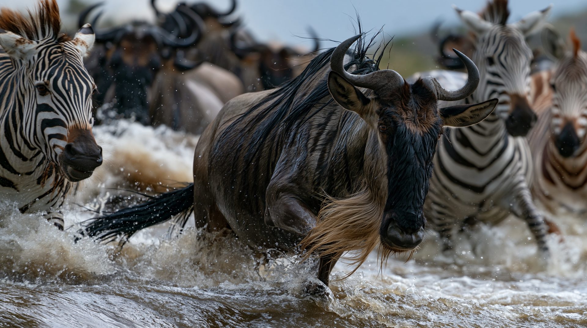 A powerful blue wildebeest charges forward through splashing river water, flanked closely by frantically running zebras during a dramatic river crossing.