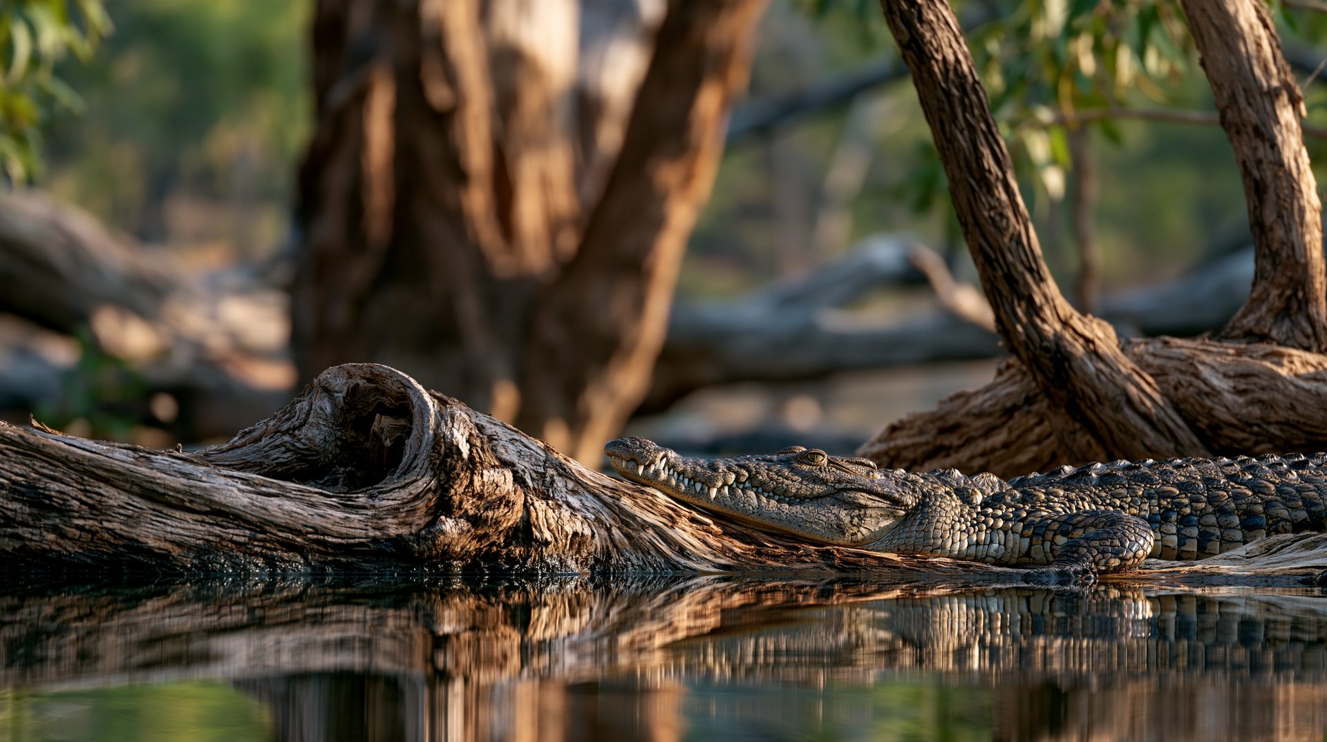 A low-angle shot of a large crocodile basking on a weathered, half-submerged log, its textured armor and snout reflecting clearly in the still water below, backed by soft-focus eucalyptus trees.