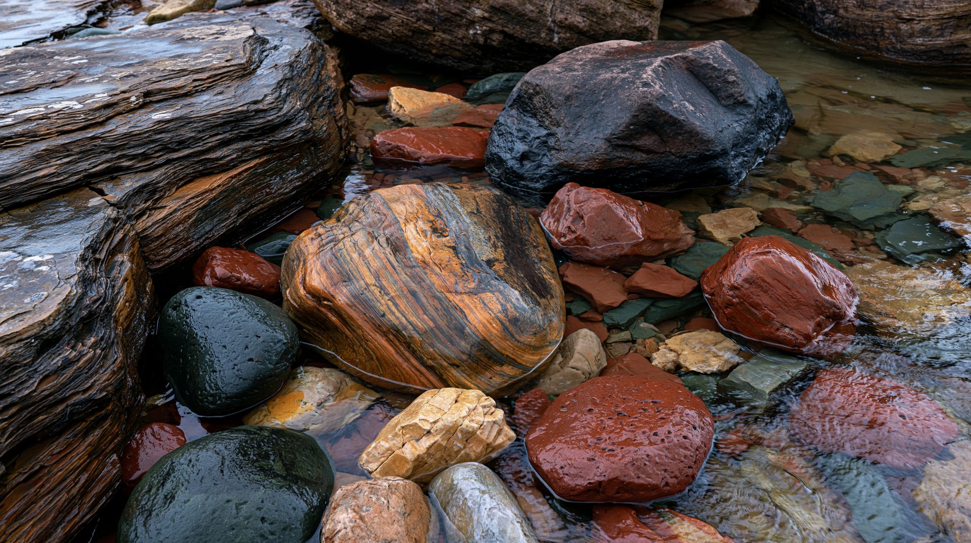 A detailed, top-down photograph of various colorful, wet rocks and boulders, including a prominent brown and black striped stone, sitting in shallow, crystal-clear lake water along a rocky shoreline.