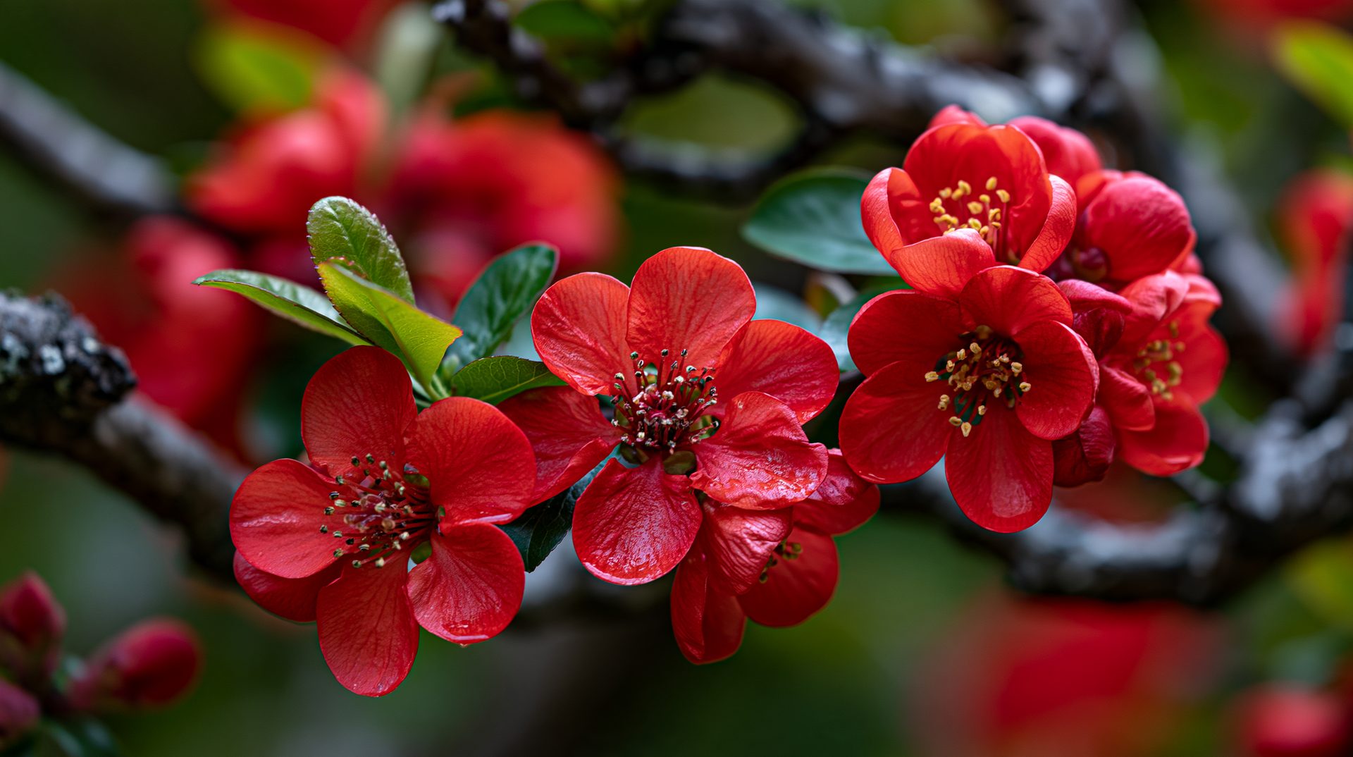 Close-up macro photograph of vibrant red flowering quince blossoms with prominent golden stamens blooming on dark, gnarled branches against a softly blurred green and red backdrop.