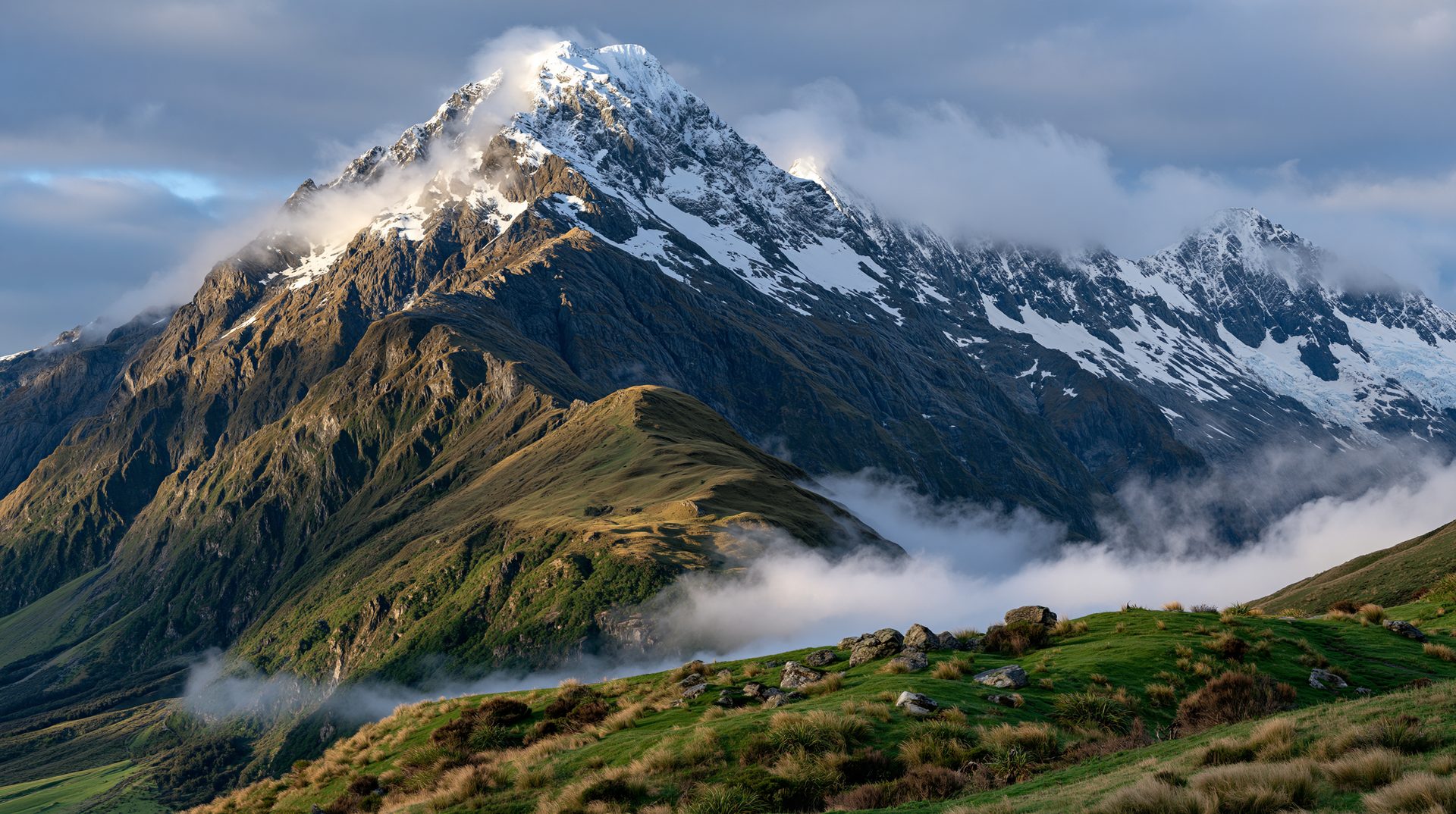A breathtaking wide-angle view of a rugged, snow-capped mountain peak in New Zealand rising above a sea of low valley clouds, with a sunlit green grassy ridge and scattered rocks filling the foreground under a dramatic sky.