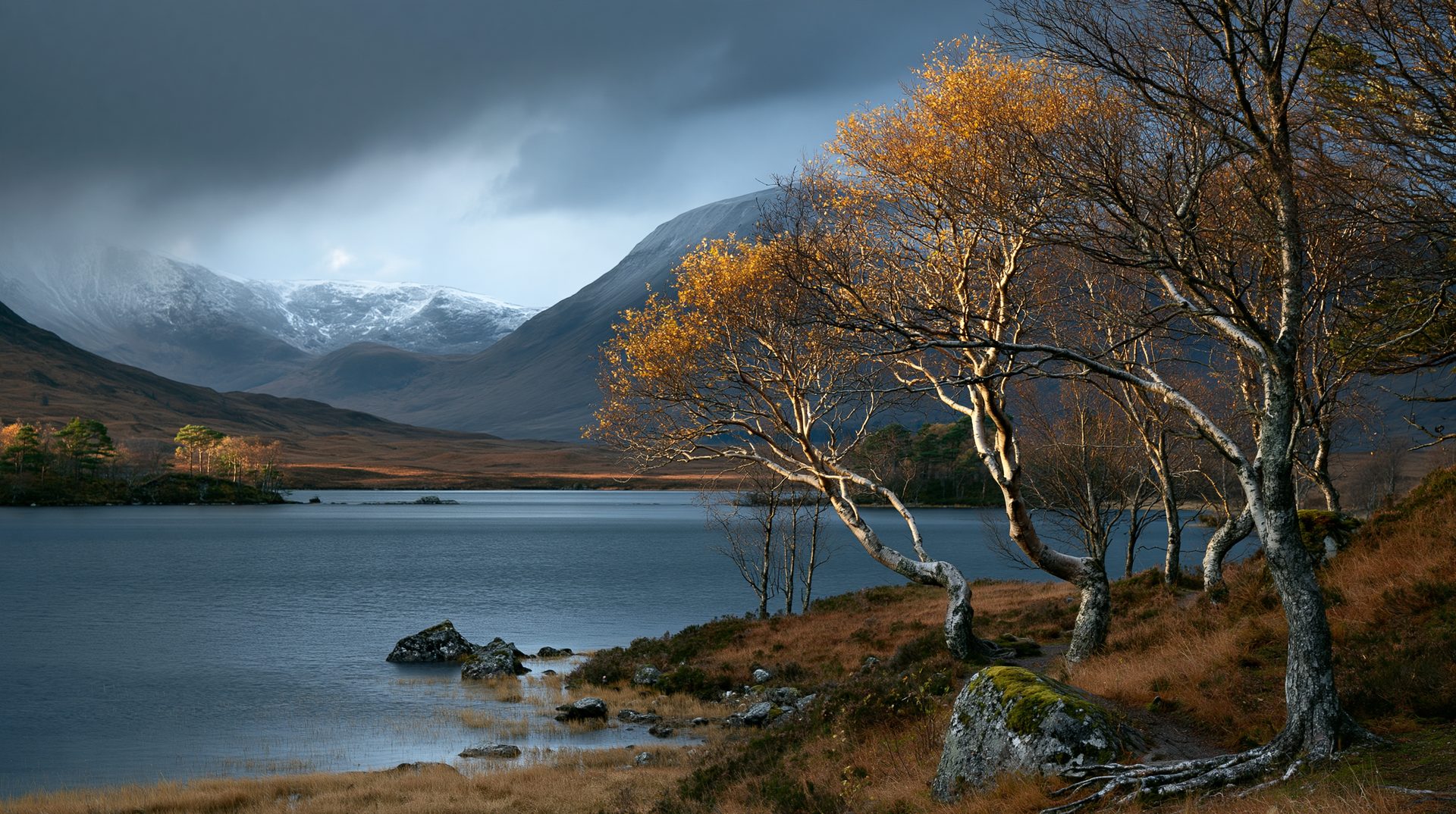 A scenic landscape photograph of golden silver birch trees along the edge of a blue lake in Scotland, with snow-capped mountains under a dark, dramatic storm sky in the distance.