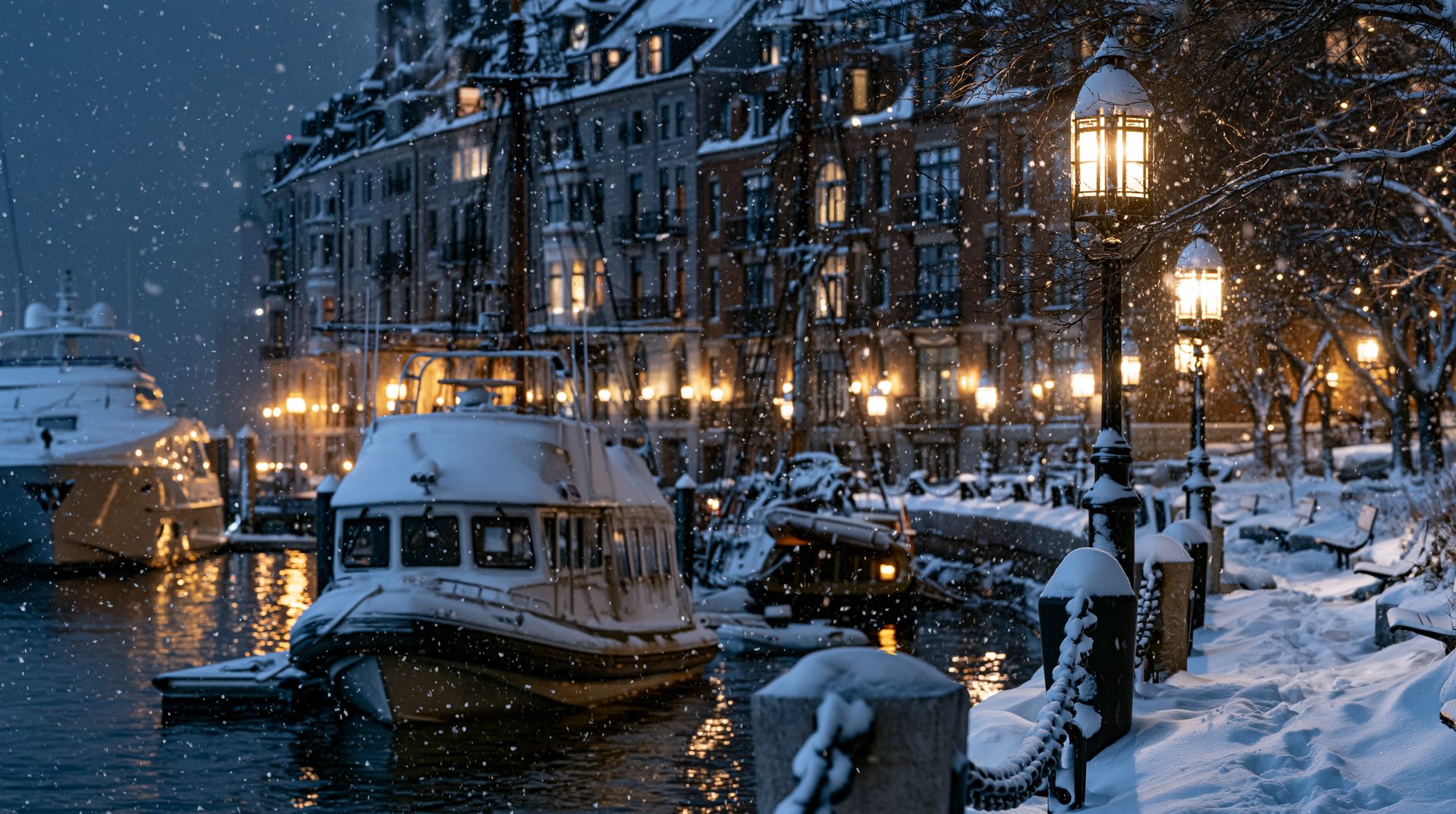 A scenic winter night view along a snow-covered harbor boardwalk lined with lit ornate street lamps, featuring a snow-dusted passenger boat moored in the calm water against a backdrop of glowing historic brick buildings during a heavy snowfall.