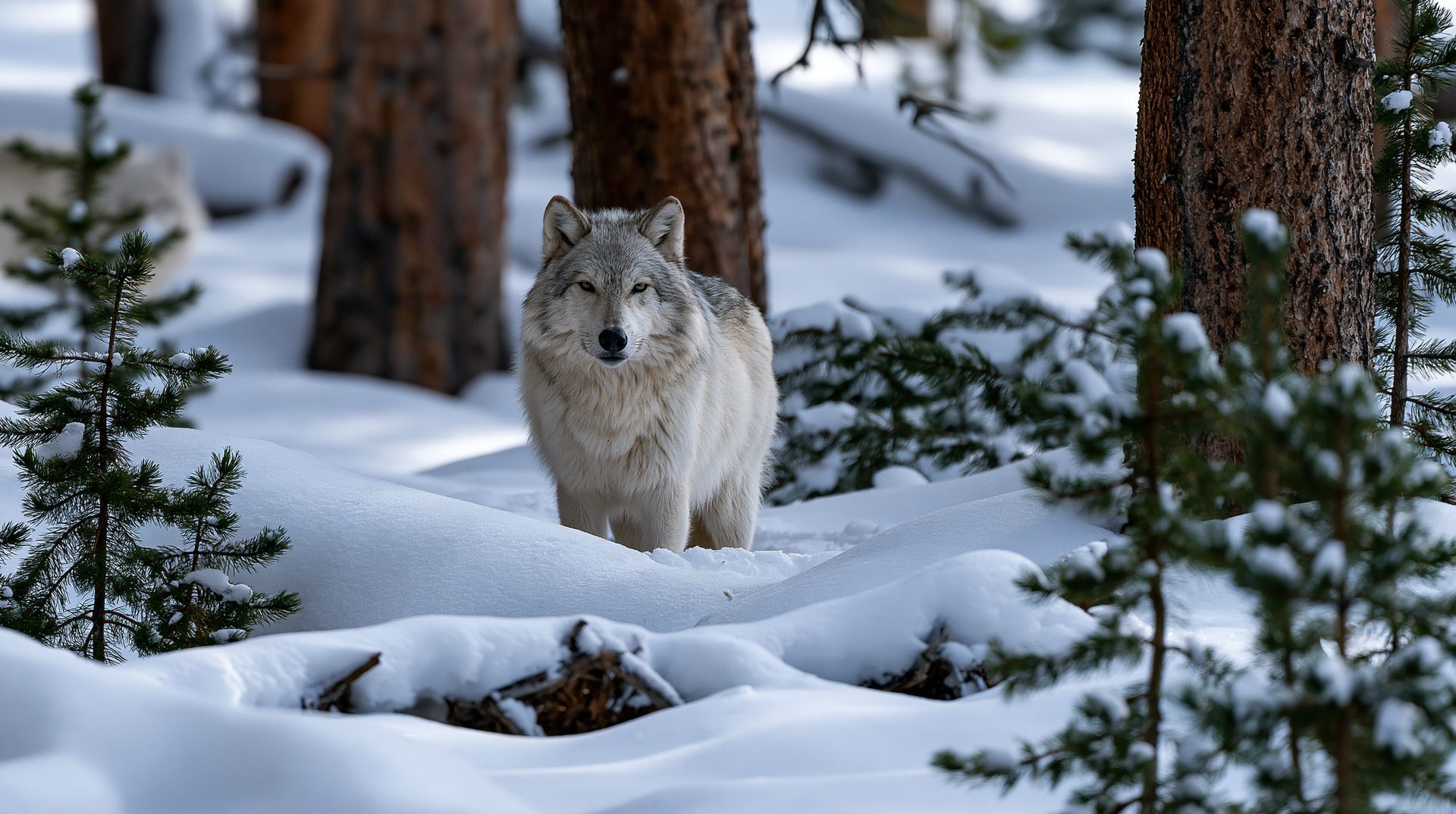 A beautiful gray wolf with thick white and silver fur stands alert in a snow-covered pine forest, looking forward while framed by evergreen branches and large tree trunks.