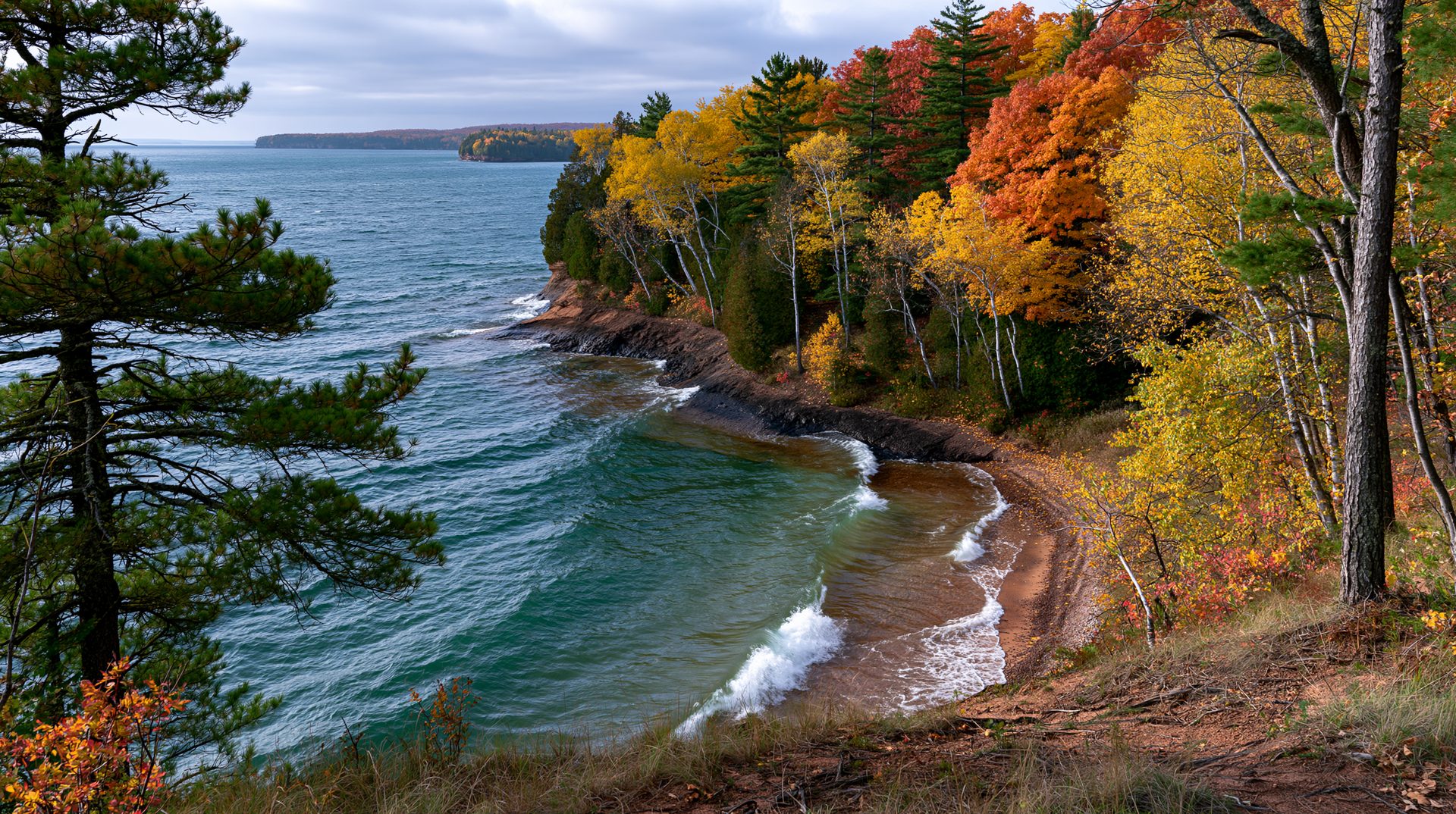Elevated landscape photograph looking down at a curved sandy beach bay on Lake Superior with crashing waves and a vibrant red and yellow autumn forest along the shore.