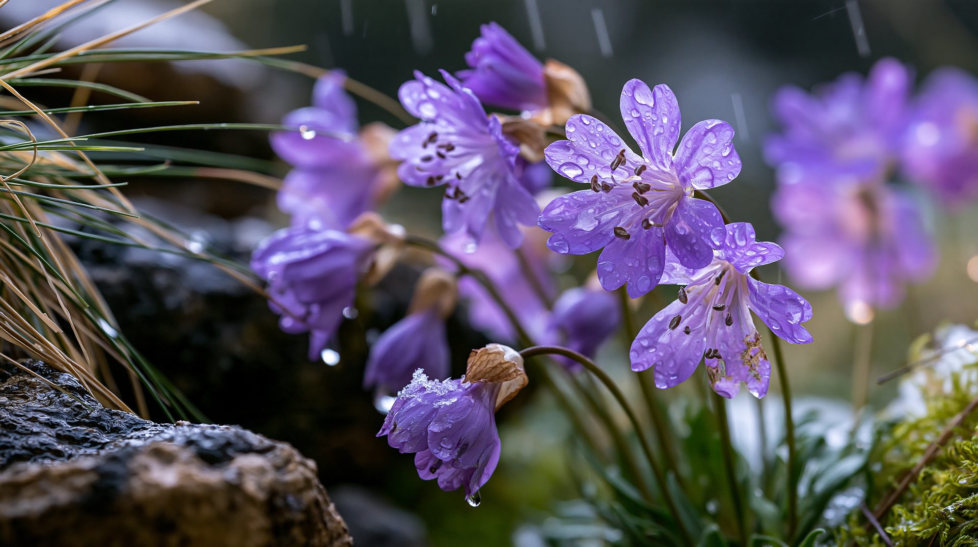 A beautiful close-up macro photograph of purple wild lewisija flowers covered in heavy raindrops during a spring downpour in a rocky mountain meadow in Bosnia.