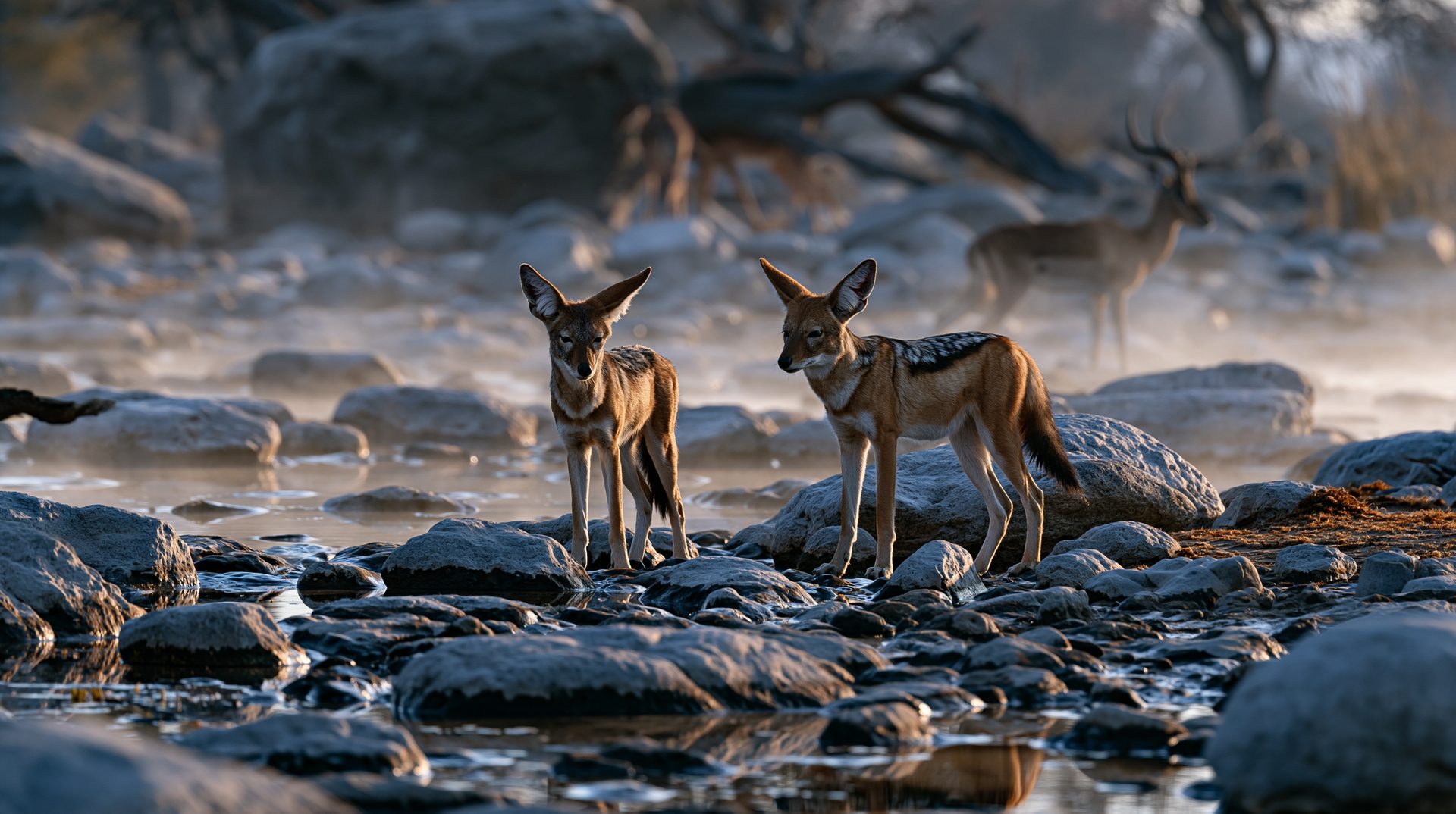 Two alert black-backed jackals standing on slick, mossy river rocks at dawn, backlit by a soft golden fog, while a blurred male impala stands in the misty background.