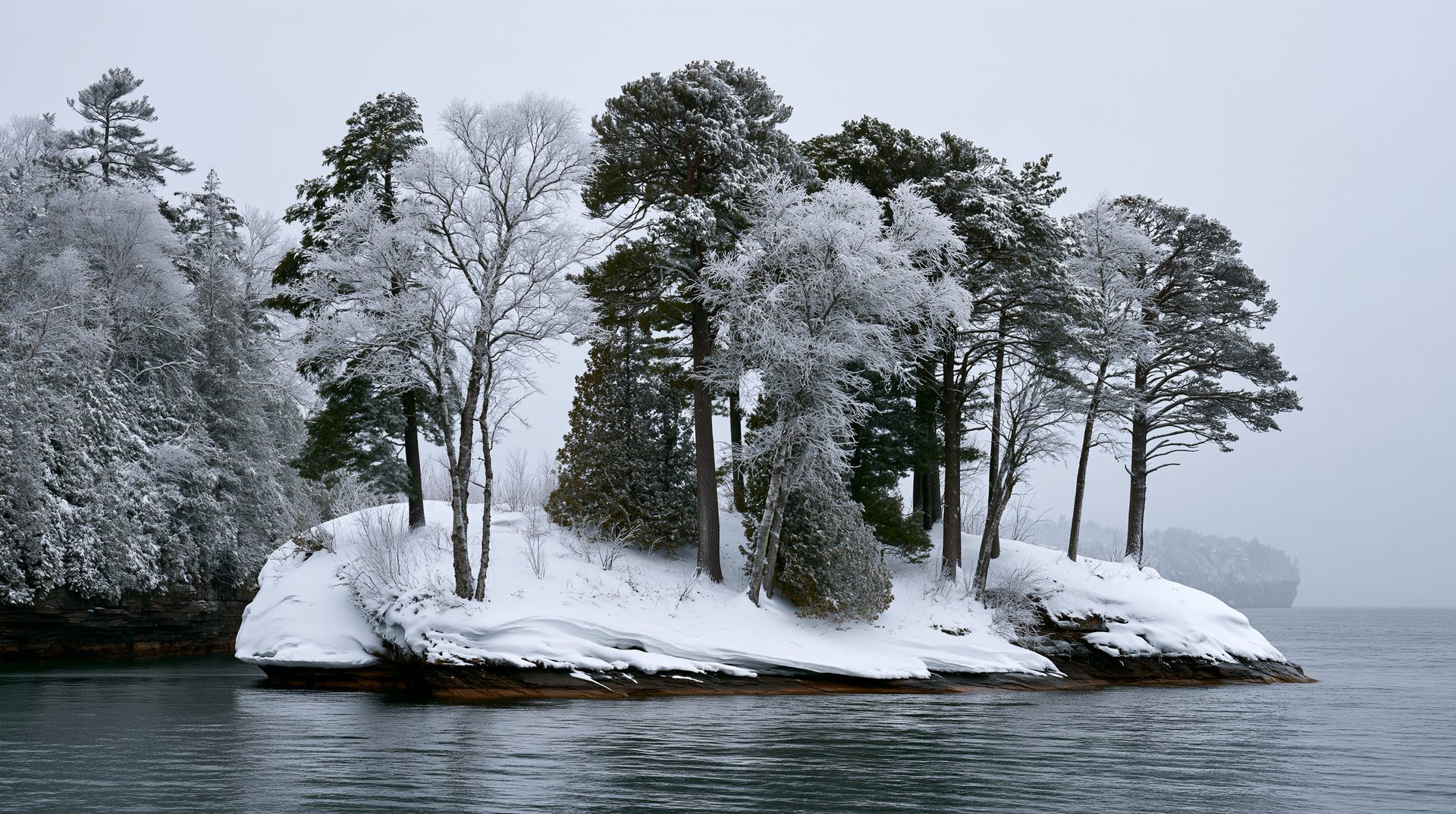 A crisp, wide-angle winter photograph of a small, snow-covered island in a calm lake, crowded with dark pine and frosty white trees under a heavy, overcast gray sky.