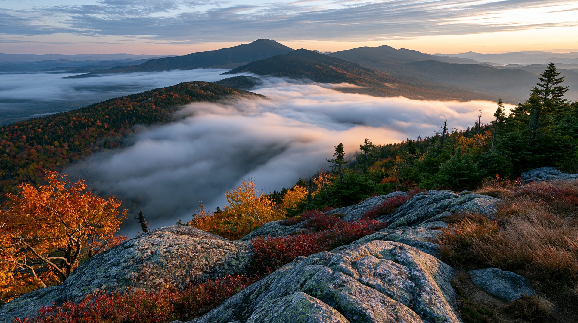 A panoramic morning view from a rocky, lichen-covered mountain peak looking out over a massive white cloud inversion filling a valley surrounded by autumn-colored ridges under a soft sunrise sky.