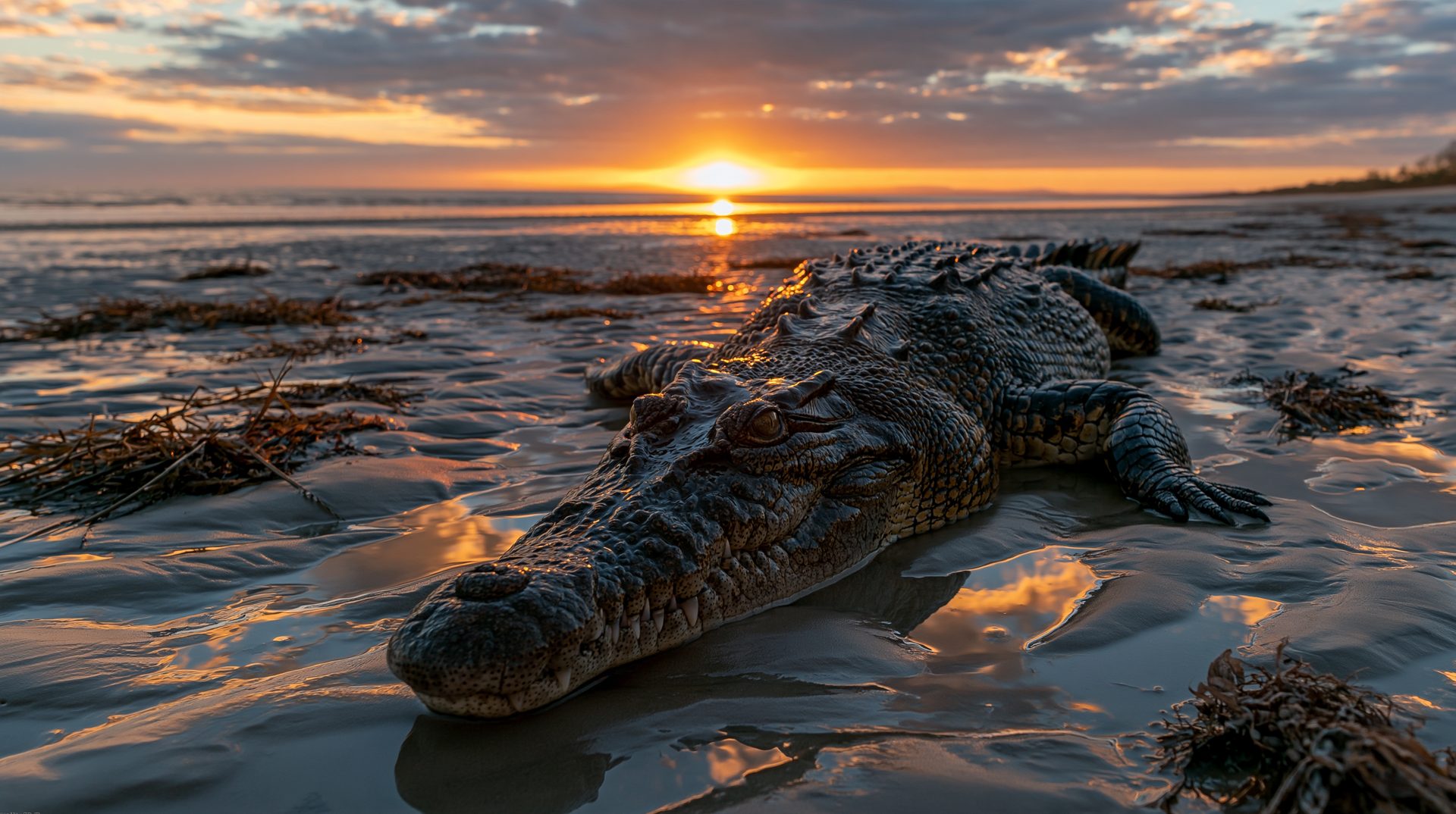 A massive saltwater crocodile rests on a wet, sandy beach strewn with seaweed, its textured scales catching the golden light of a dramatic coastal sunset reflecting on the shore.