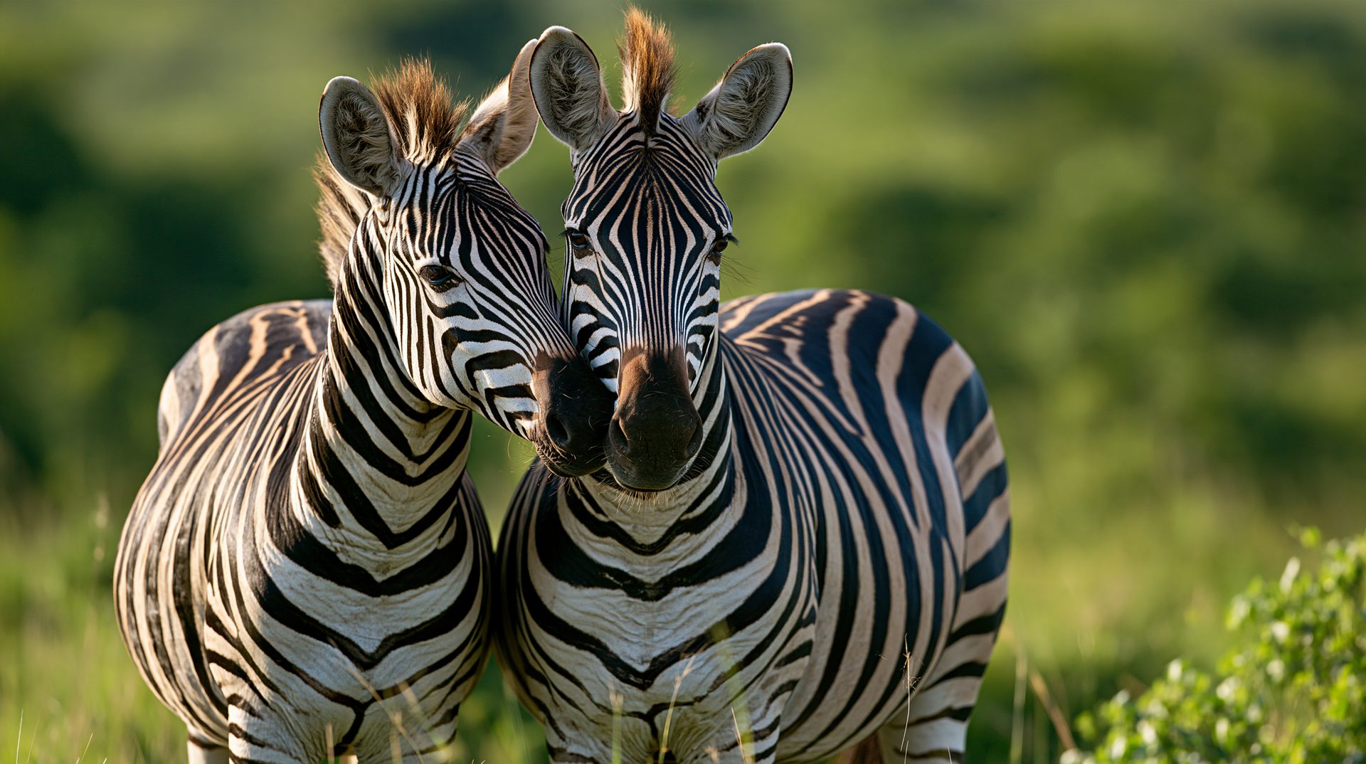 Two plains zebras stand close together in a lush green African savanna, gently nuzzling each other with their muzzles under warm, soft sunlight.
