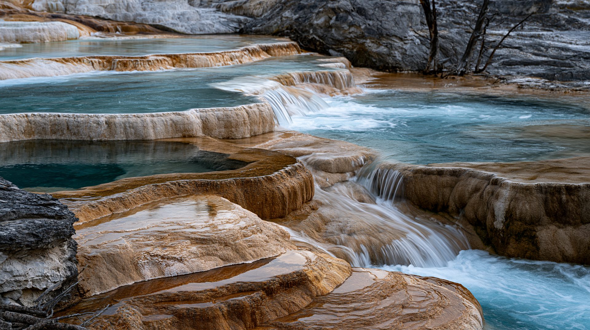 A close-up landscape view of cascading turquoise and teal geothermal pools nestled within orange and white travertine mineral terraces in Yellowstone National Park.