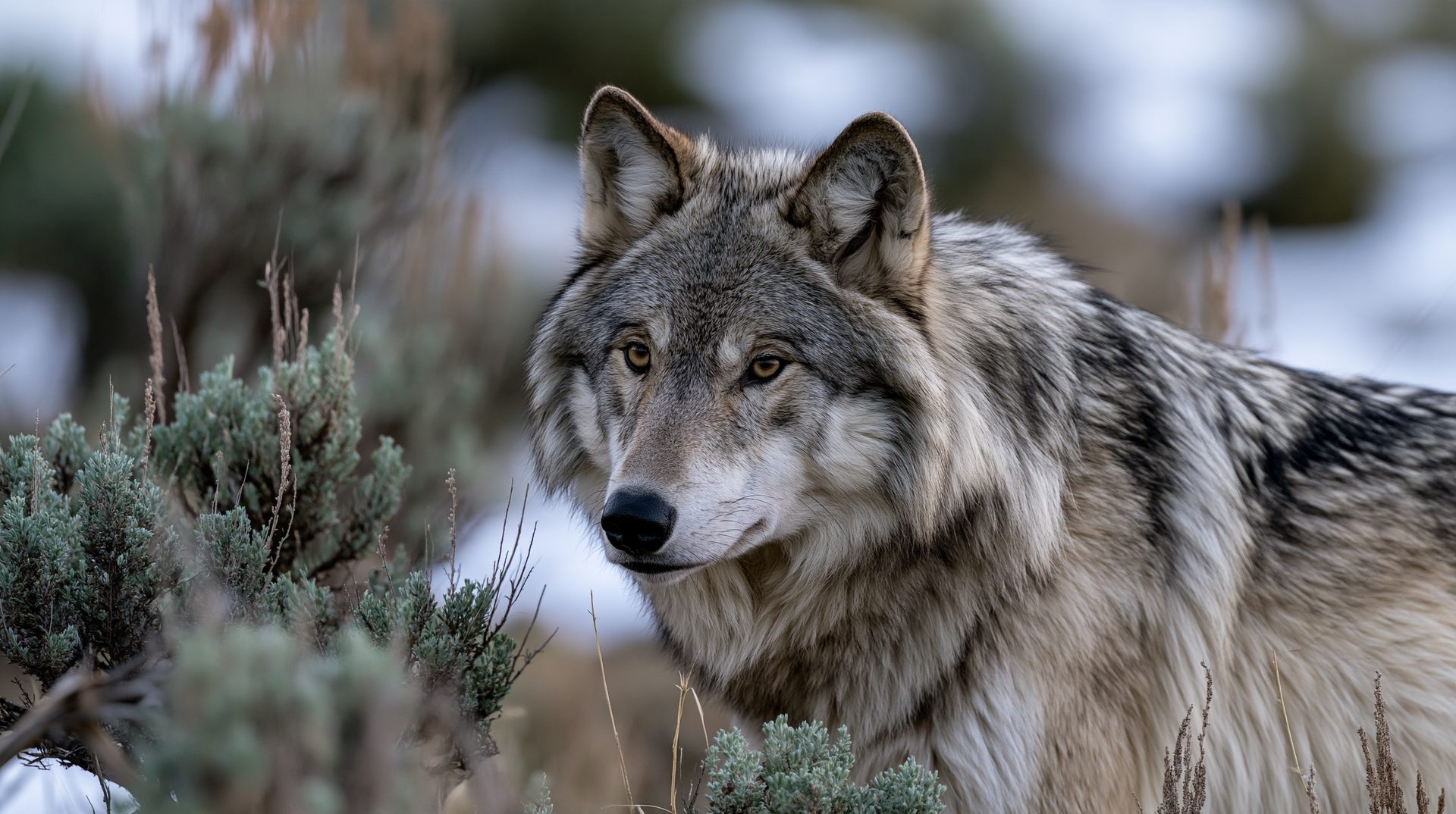 A close-up profile portrait of a beautiful gray wolf with thick winter fur and piercing amber eyes, standing alert amidst frosted sagebrush in a winter landscape.