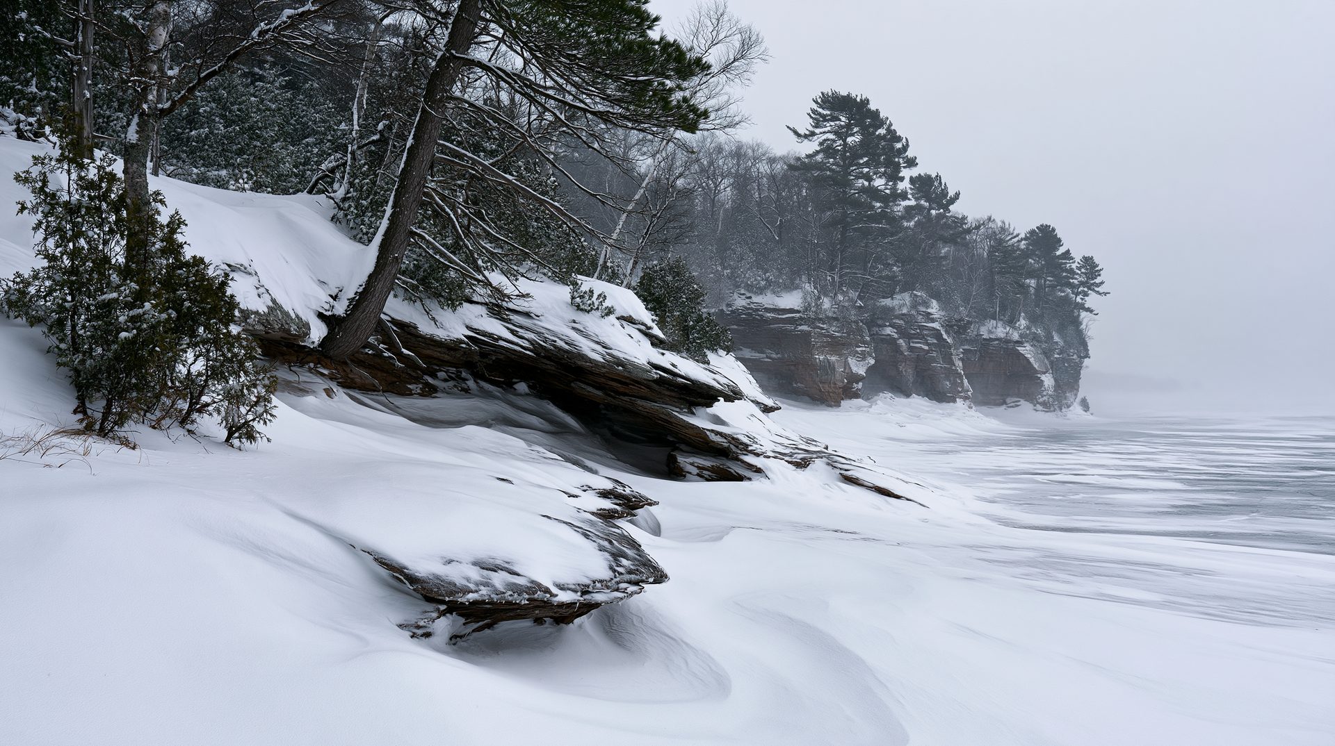 A wide-angle winter landscape photograph showing a rugged shoreline of dark, layered sandstone cliffs covered in deep snow and ice, with frost-covered evergreen trees overlooking a frozen lake under a thick winter fog.