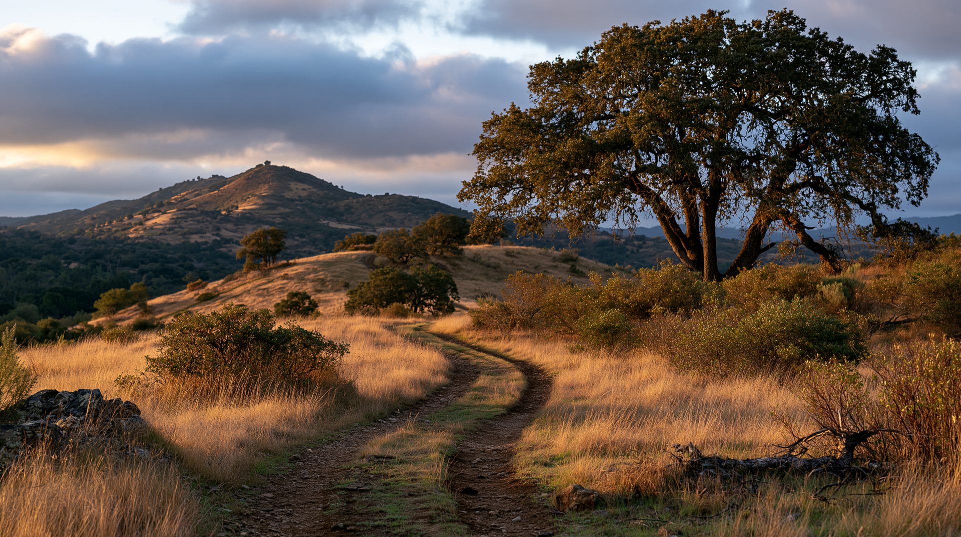 A scenic golden hour landscape showing a winding dirt path meandering through sunlit amber grass fields past a large, mature oak tree toward rolling hills under a cloudy sunset sky.