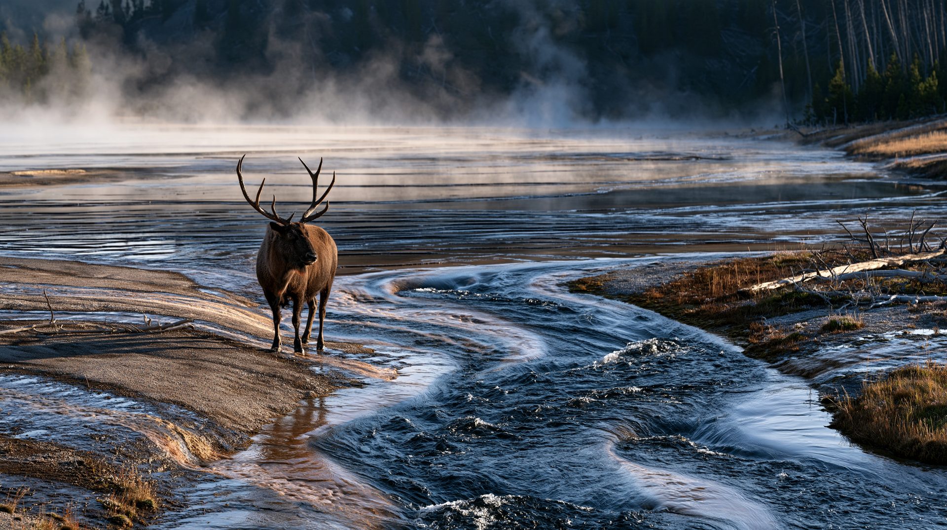 A large bull elk with impressive antlers stands on the bank of a winding, rushing river in Yellowstone, with thick thermal steam rising from the background flats in the morning light.