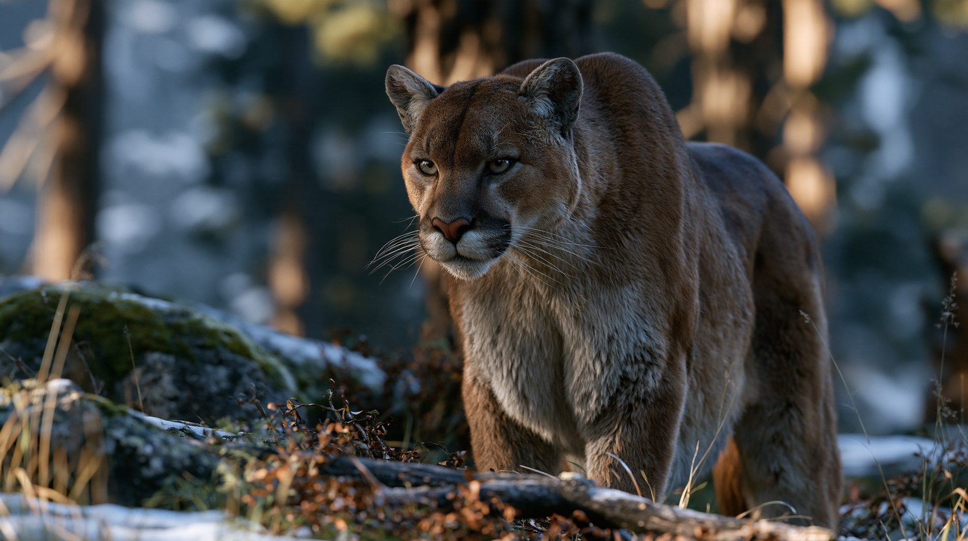 A powerful adult cougar stands alert in a winter forest, its dense brown coat illuminated by sharp side-lighting from the sun, stepping across a snowy, rock-strewn forest floor with blurred tree trunks in the background.