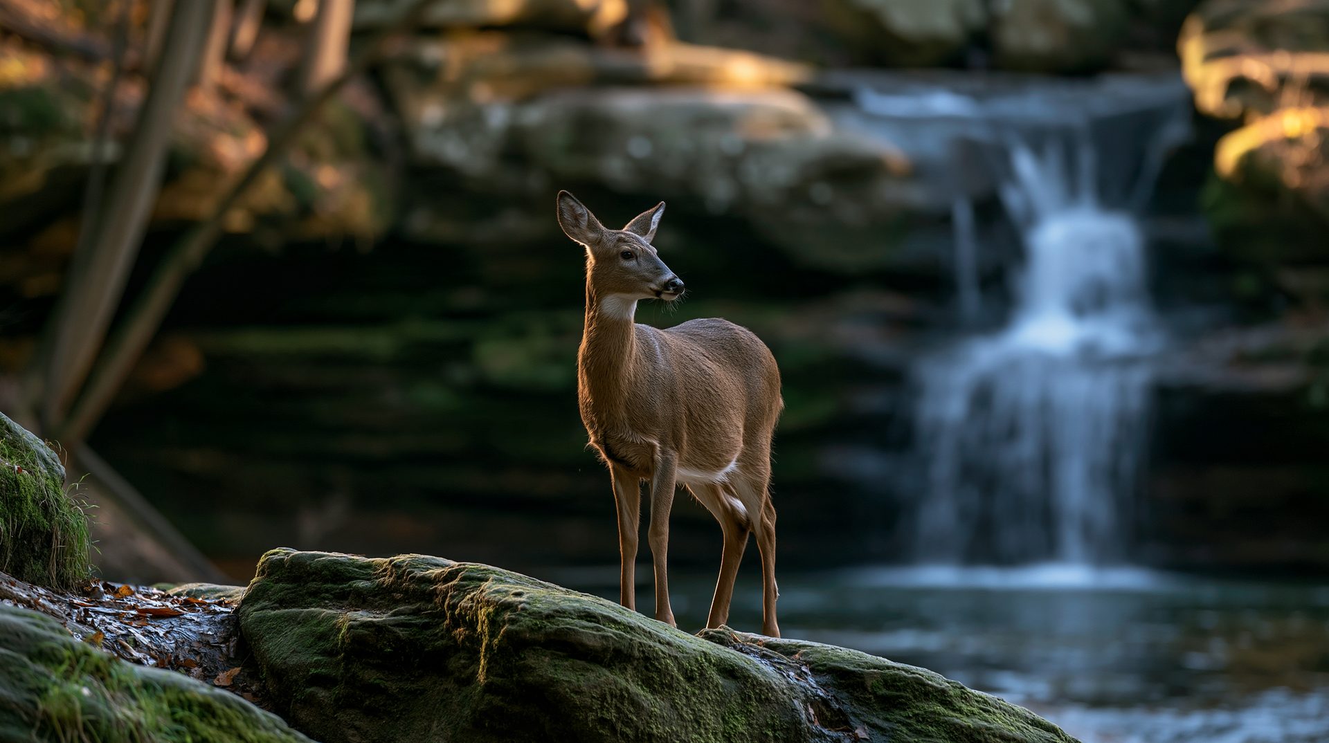 A white-tailed deer stands alert on a mossy rock in the foreground, illuminated by golden light, while a beautiful tiered waterfall flows into a stream in the softly blurred background.