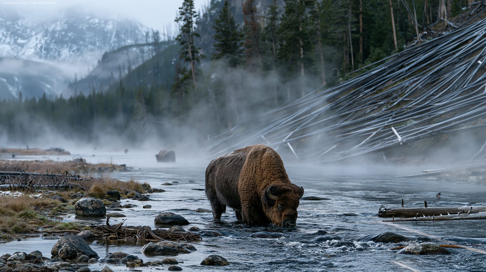 A large American bison stands drinking from a rocky, steaming river in Yellowstone National Park, with a hillside covered in fallen logs and misty pine forests in the background.