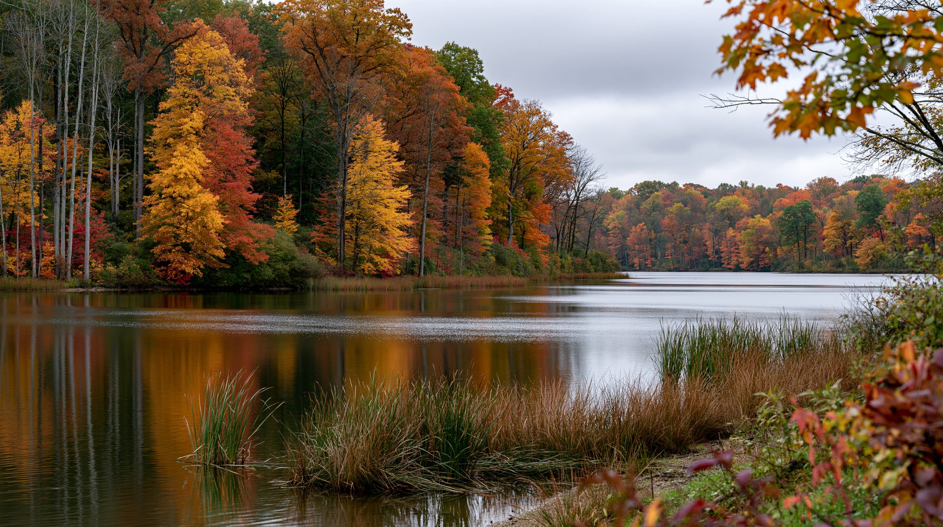 A beautiful wide-angle landscape photograph of Kiser Lake in Ohio during peak autumn, featuring clusters of green and brown marsh grass in the foreground and a hillside of vibrant orange, yellow, and red trees reflecting on the calm water under an overcast sky.