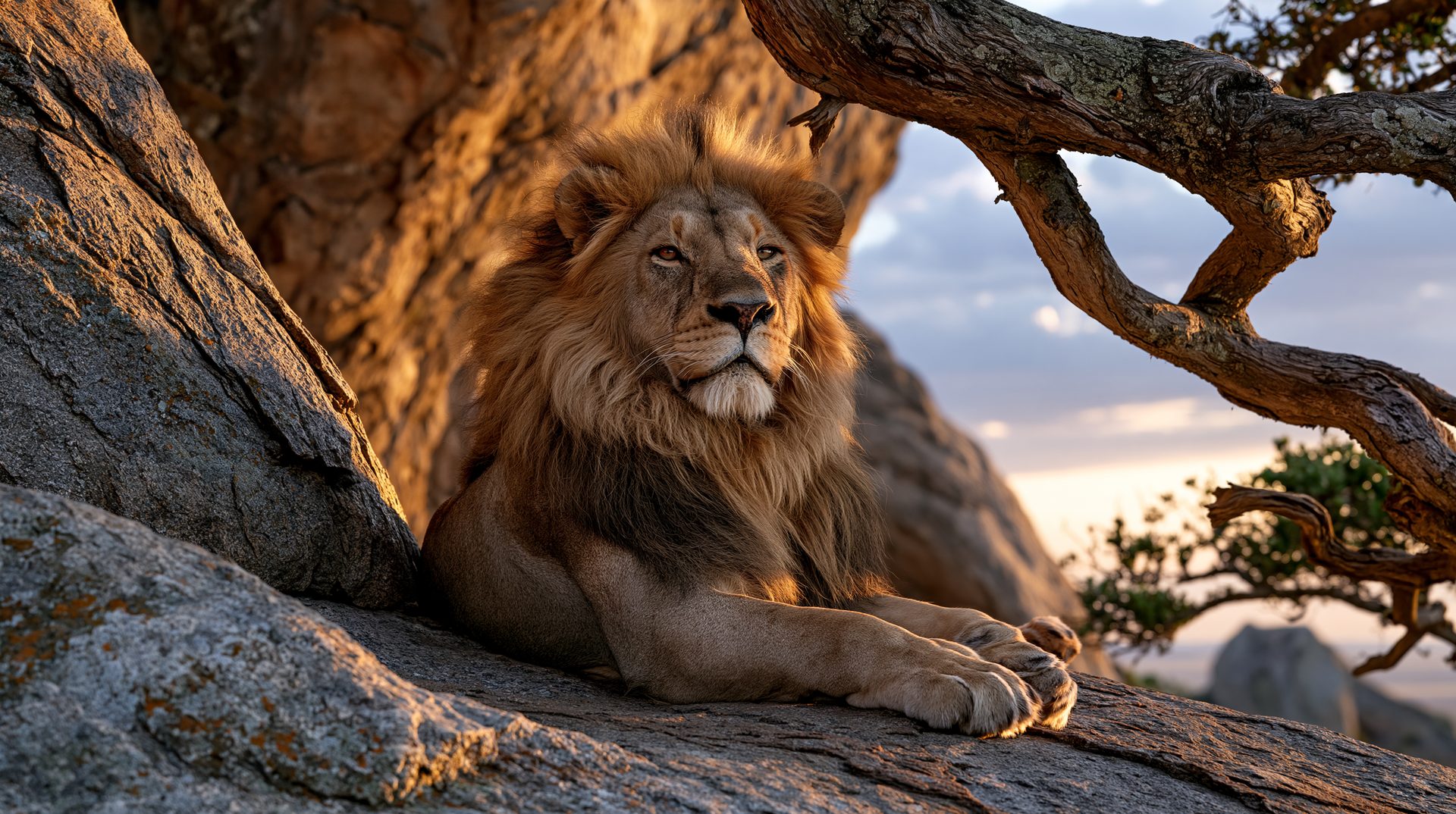 A close-up shot of a majestic male lion resting on a massive, textured granite outcrop at sunset, with golden hour light catching his mane as a gnarled tree branch frames the upper right corner against a softening sky.