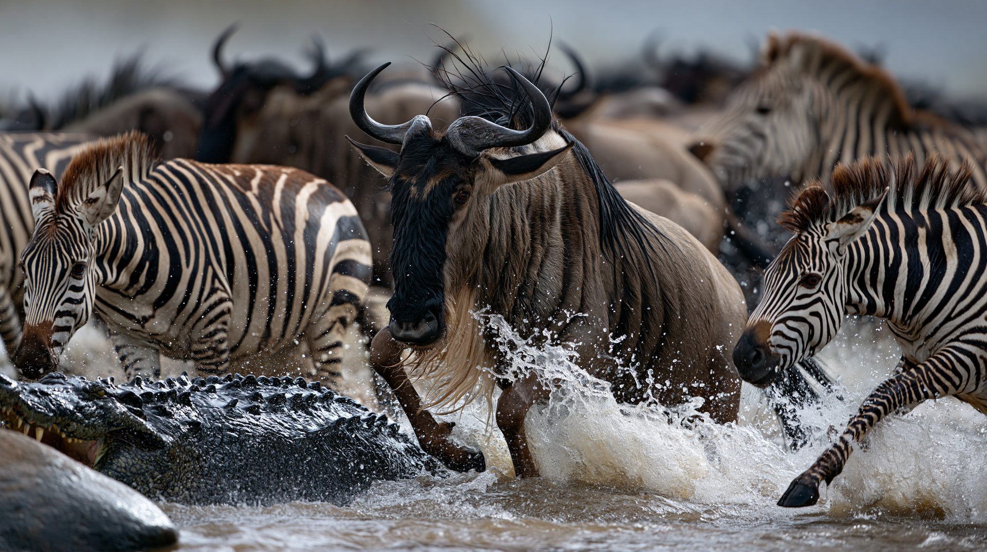 A desperate blue wildebeest and surrounding zebras leap frantically through churning river water to escape a large Nile crocodile snapping its jaws in the foreground.