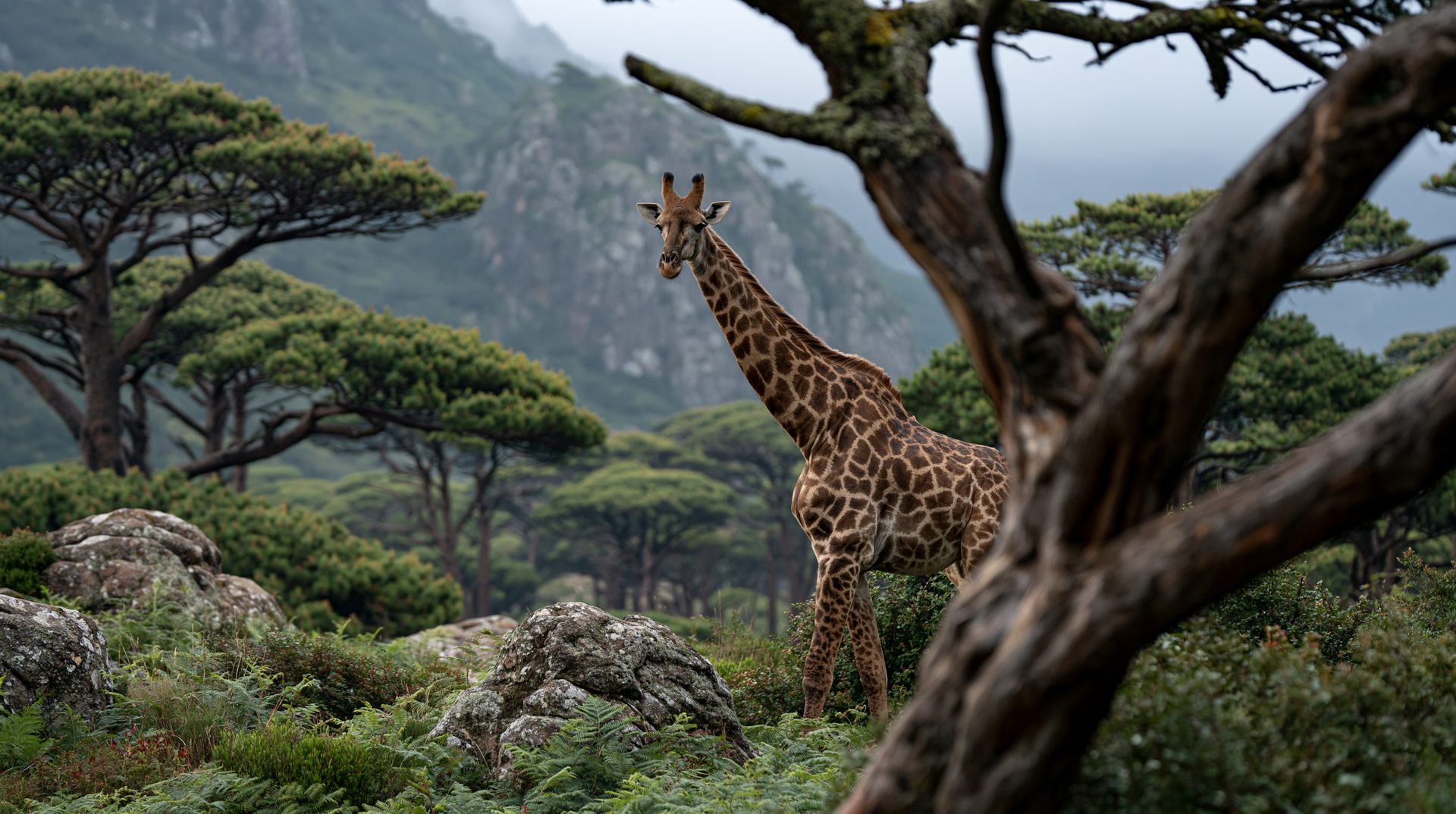 A lone giraffe stands in a lush, green alpine meadow framed by moss-covered boulders and ferns in the foreground. In the mid-ground, distinctive flat-topped umbrella pine trees dot the rolling terrain. The background features steep, mist-shrouded mountain ridges under an overcast sky, creating a moody, high-altitude atmosphere.DescriptionIn an unexpected departure from the scorched, dusty savannas typically associated with Africa's iconic megafauna, a lone southern giraffe navigates the cool, undulating heights of an ancient montane wonderland. Framed by gnarled, moss-draped branches and an expansive forest of flat-topped trees, the towering browser stands as a striking vertical monument against a backdrop of sheer, mist-veiled mountain slopes. Down here, amid the damp ferns and weather-beaten boulders of the high plateau, the air is thick with alpine moisture rather than heat waves. It is a surreal sanctuary where these specialized giants have adapted to a life above the clouds, striking a delicate balance within an isolated mountain ecosystem that challenges our very understanding of where wildlife belongs.If you'd like to dive further into this series, let me know if you want to explore:How giraffes adapt their diets to high-altitude montane floraThe unique weather patterns that create these lush mountain plateaus in AfricaOther unexpected savanna animals found living in alpine environments