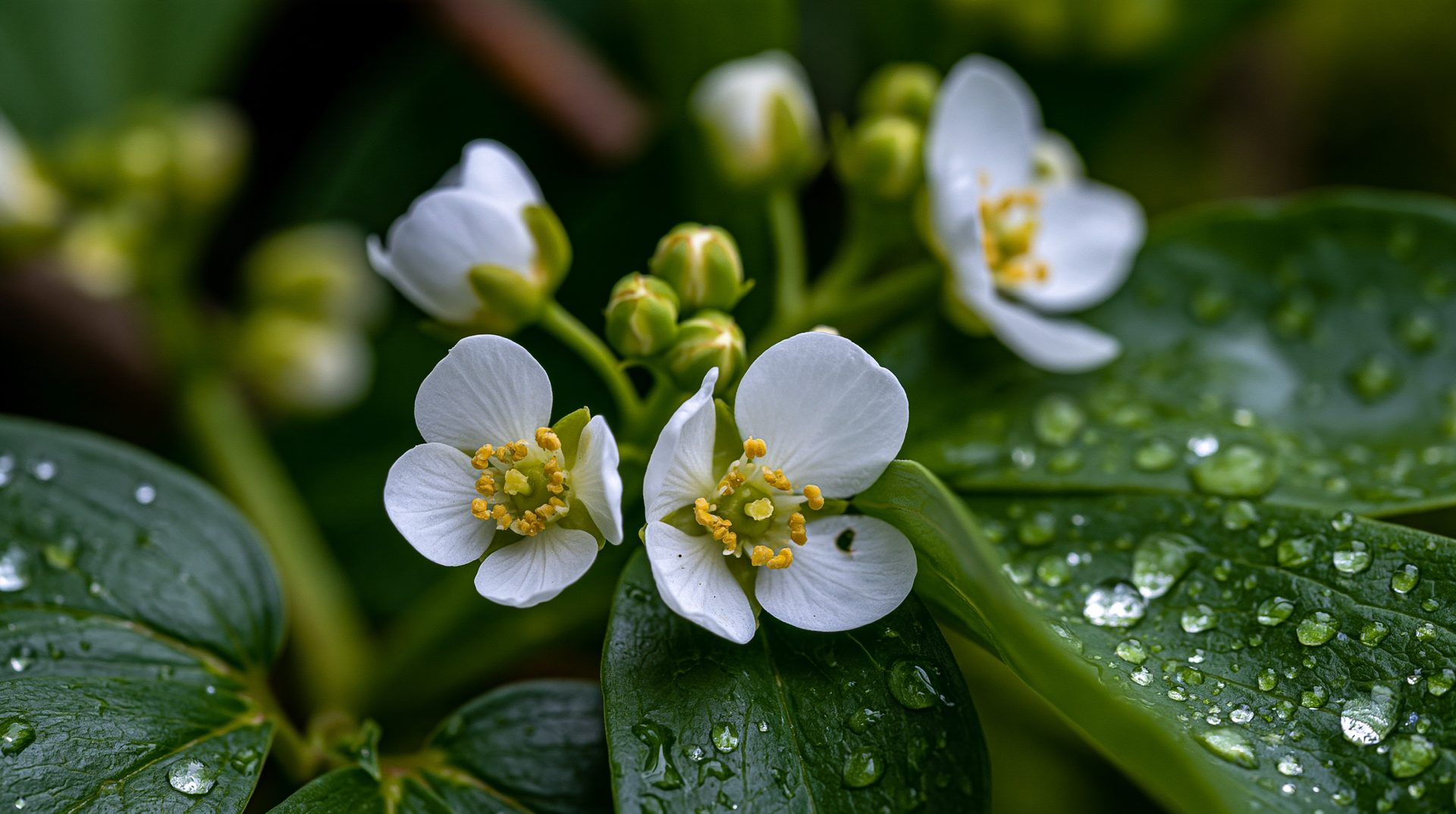 A crisp macro photograph focusing on delicate white four-petaled flowers with bright yellow centers, nestled among thick, dark green leaves heavily coated in clear, glistening water droplets.
