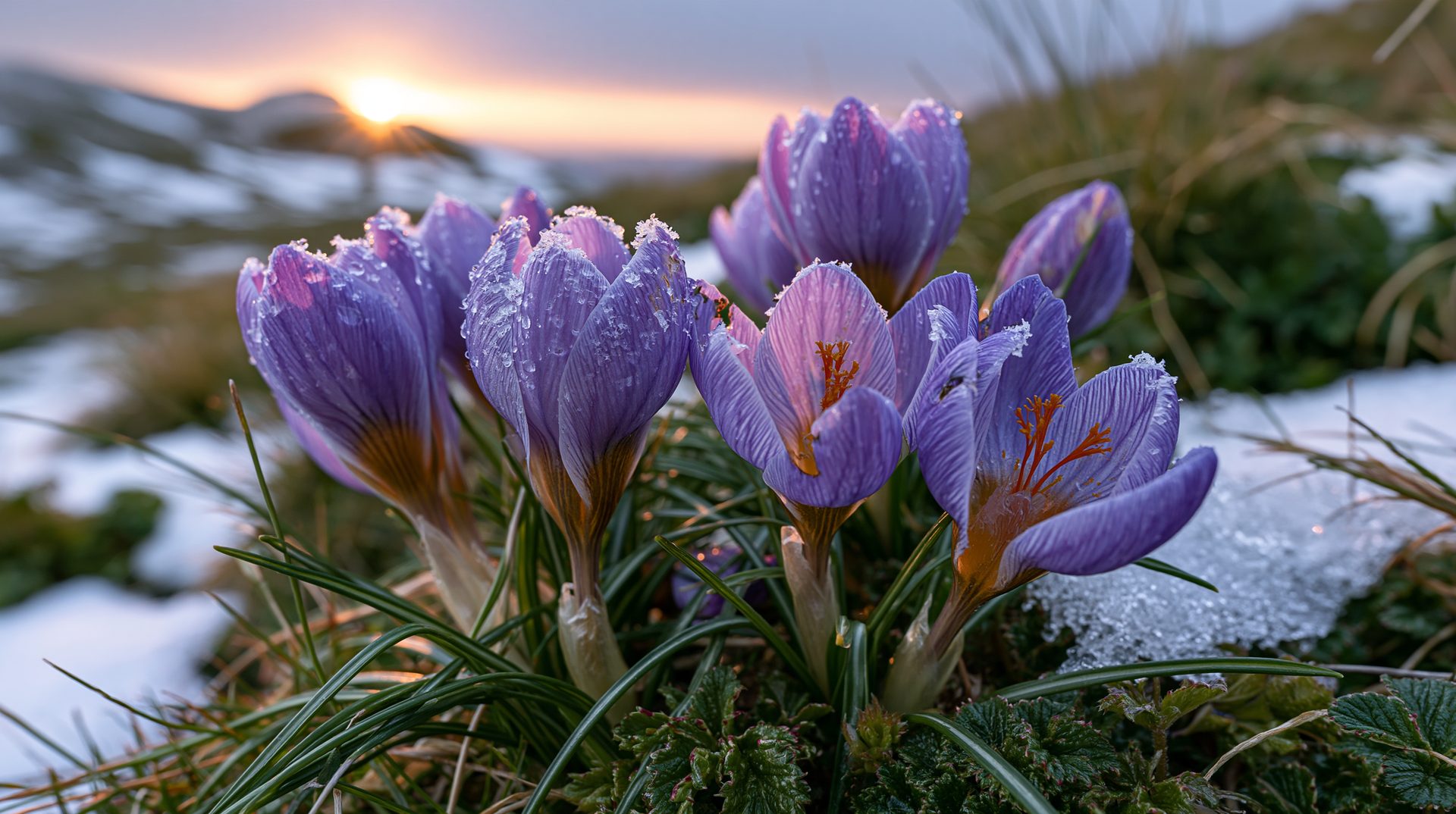 A beautiful close-up wide-angle photograph of purple wild crocus flowers covered in frost and blooming out of a snowy mountain meadow in Bosnia at sunrise.