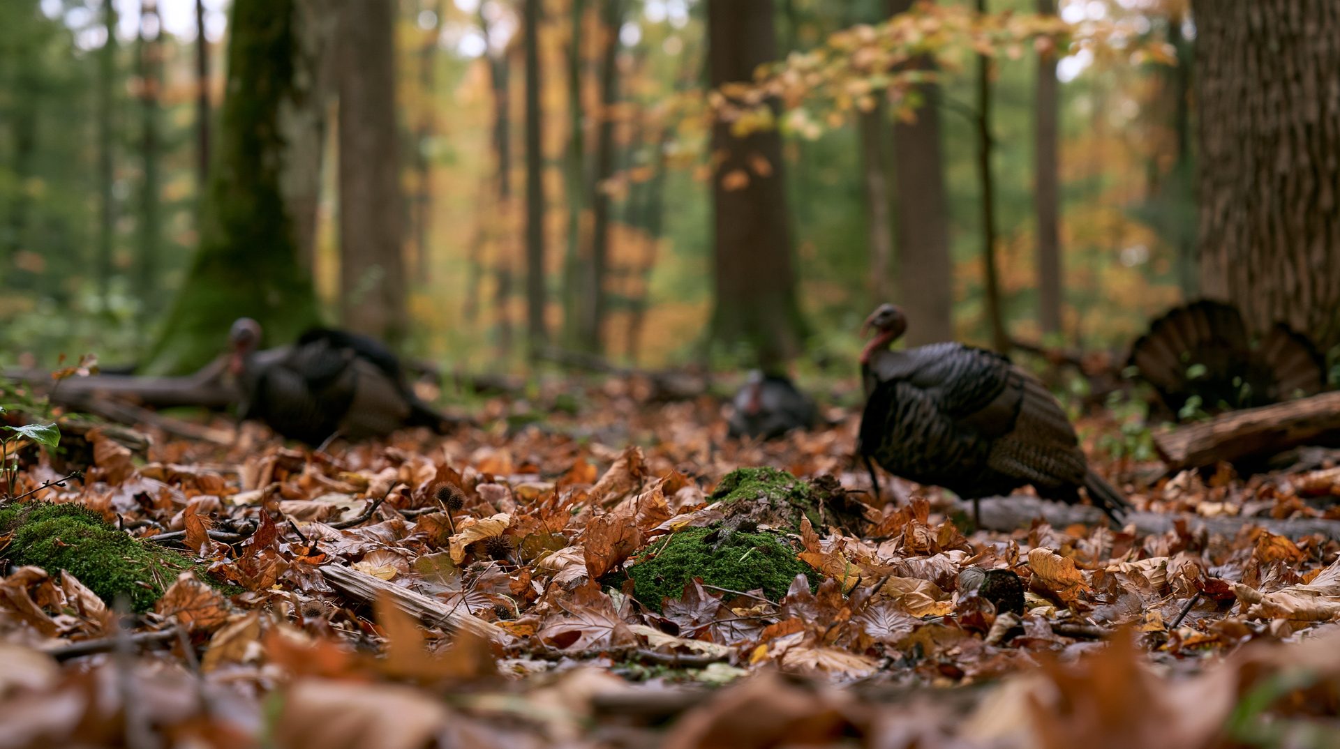 A low-angle shot captures a flock of wild turkeys foraging through a dense blanket of fallen autumn leaves on a forest floor, with tall trees and soft fall colors blurred in the background.