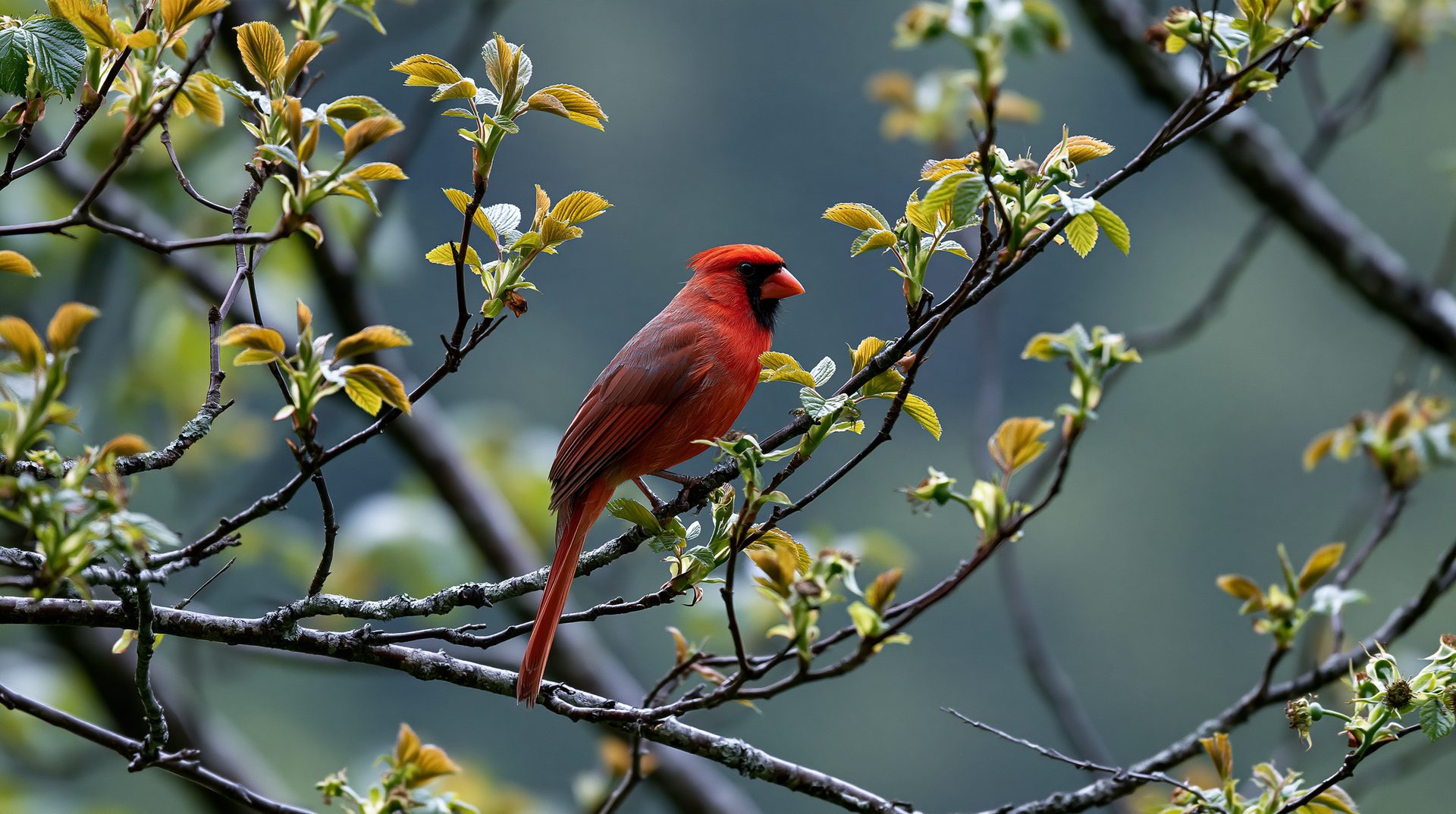 A vibrant red male northern cardinal perched on a budding tree branch with young spring leaves against a softly blurred green background.