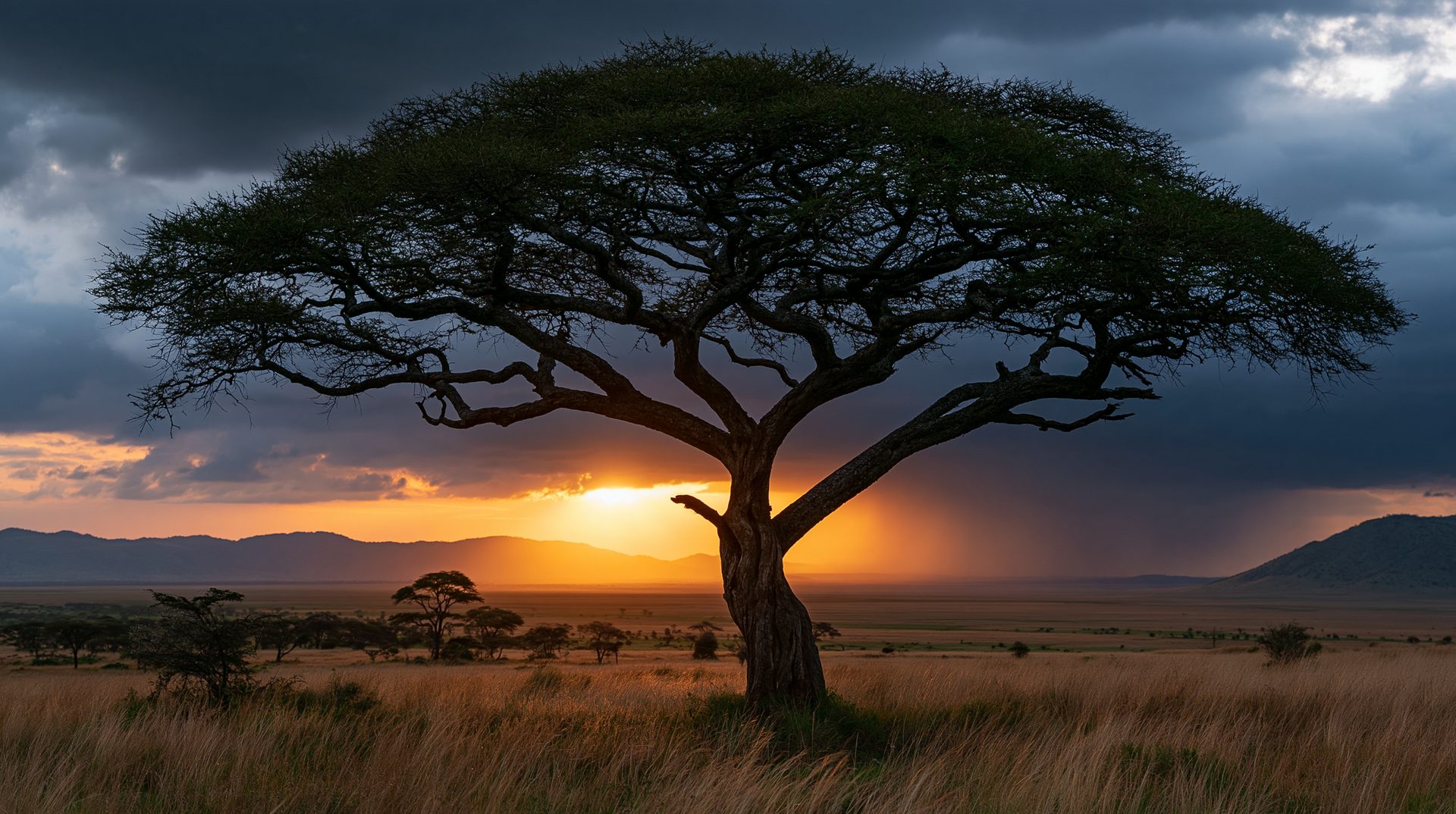 A wide horizontal landscape capturing a large, umbrella-shaped acacia tree standing prominently in a grassy savanna under a dramatic, dark storm sky, with a vibrant orange sunset piercing through the clouds along the distant mountain horizon.