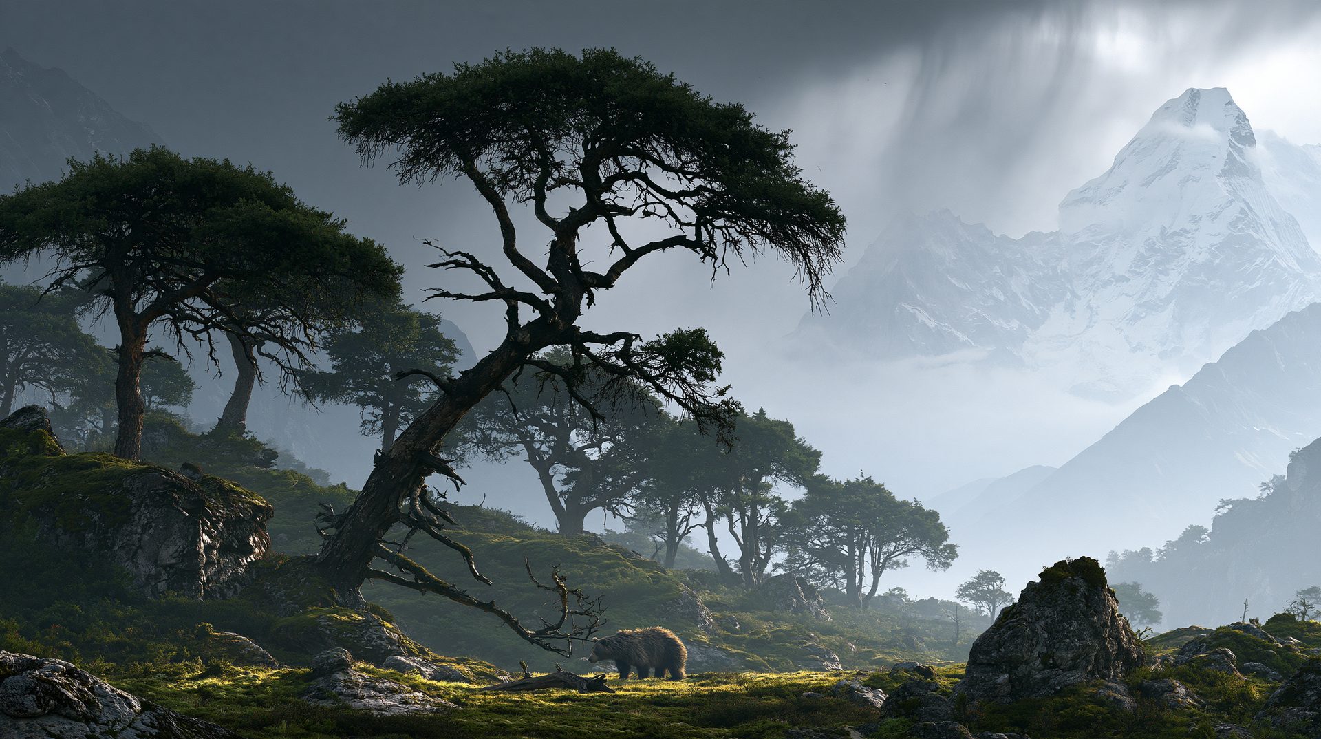 A solitary Himalayan brown bear walks across a mossy, boulder-strewn alpine meadow in the foreground, illuminated by a soft patch of sunlight. The mid-ground features gnarled, wind-twisted pine trees clinging to the rocky hillside. In the background, a massive, snow-covered mountain peak cuts into a dramatic, dark gray storm sky with wisps of fast-moving rain clouds hanging over the high-altitude valley.