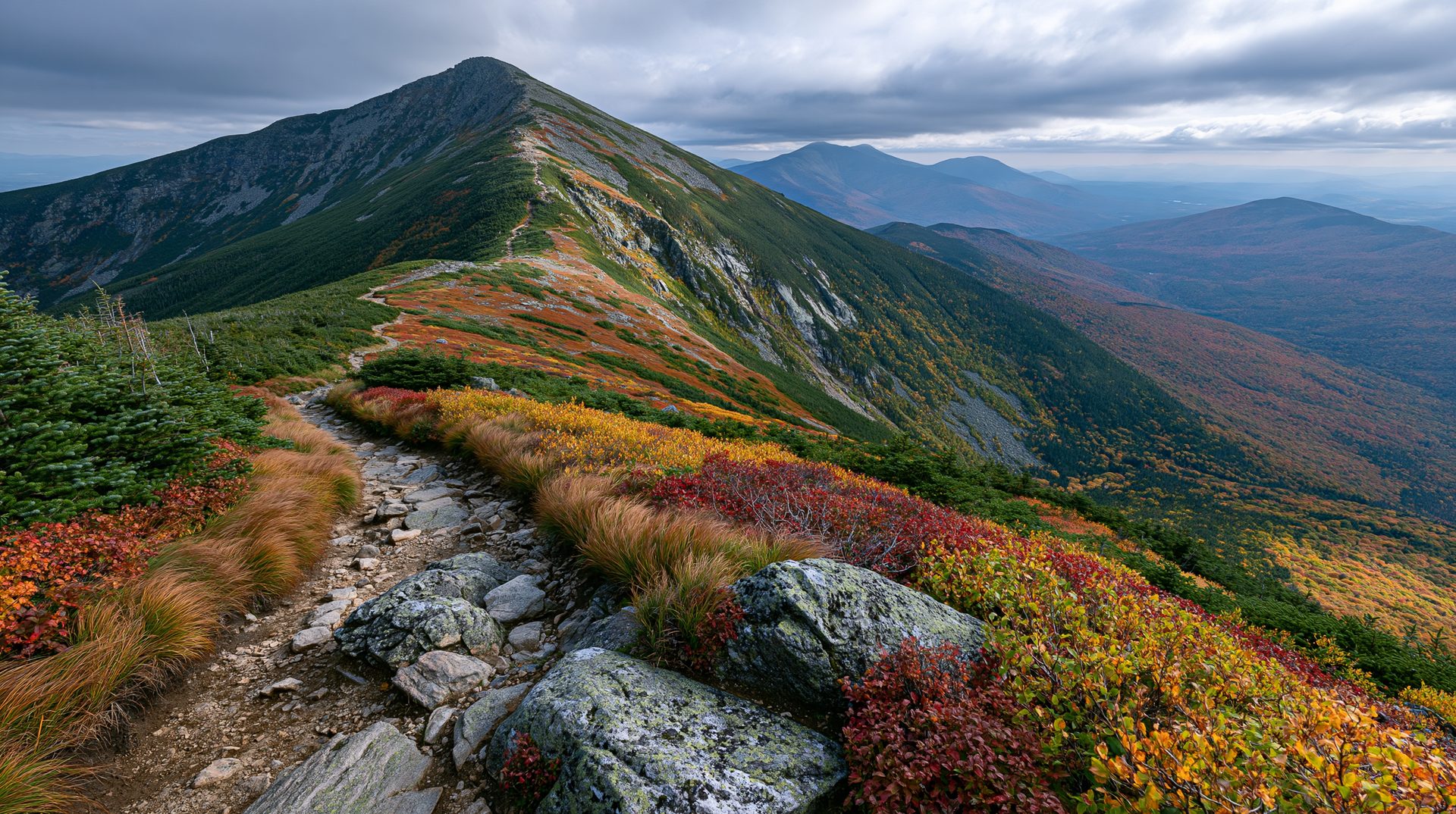 A rocky hiking trail winds along a rugged mountain ridge covered in red, yellow, and green autumn alpine plants, leading toward a tall, sharp green peak under a cloudy sky.