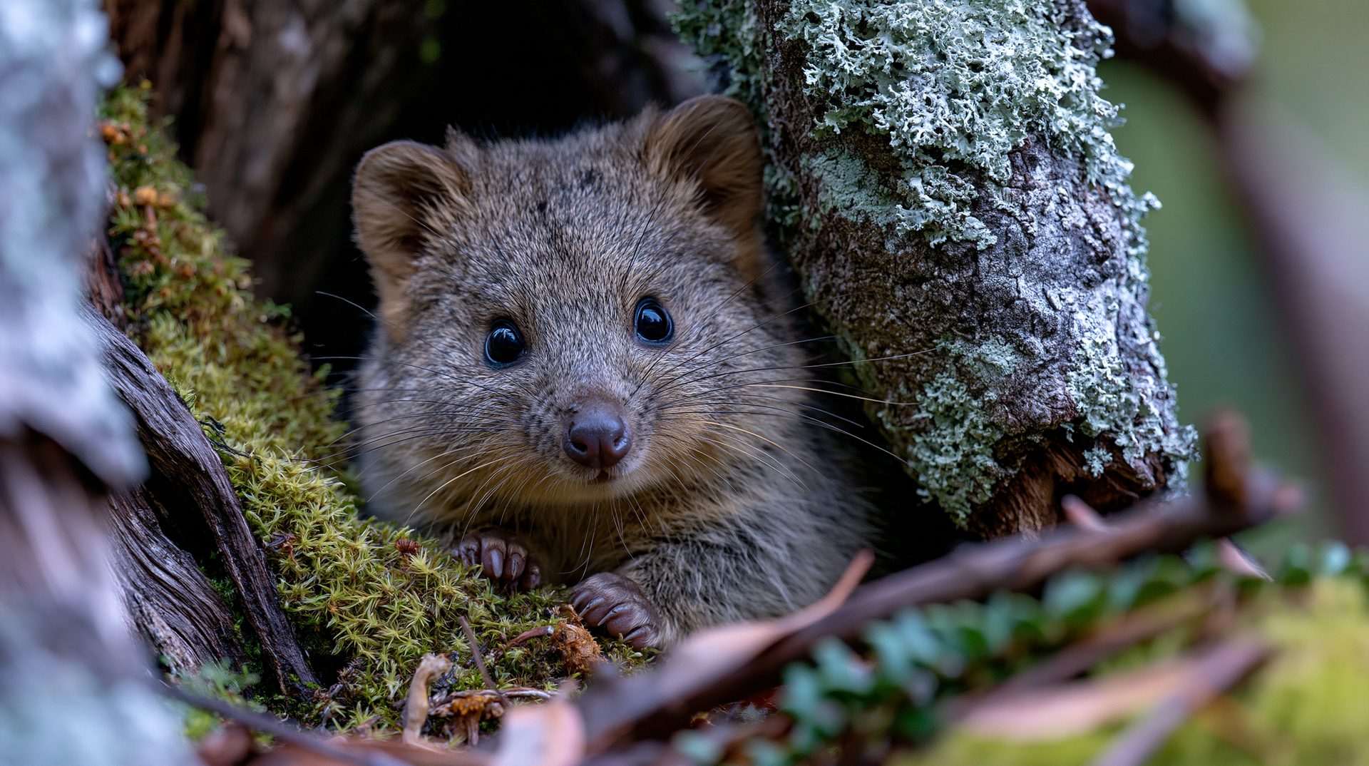 A crisp, close-up photograph of a small brown Eastern quoll peering curiously out from a mossy tree hollow covered in pale lichens in Tasmania.
