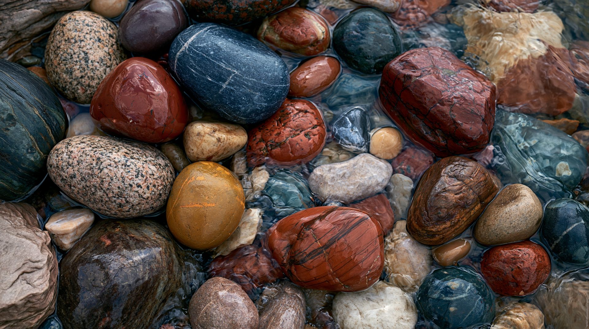 A detailed, close-up photograph of a variety of colorful, rounded wet stones and pebbles, including red jasper, dark basalt, and speckled granite, shifting under clear, shallow rippling water along a beach.