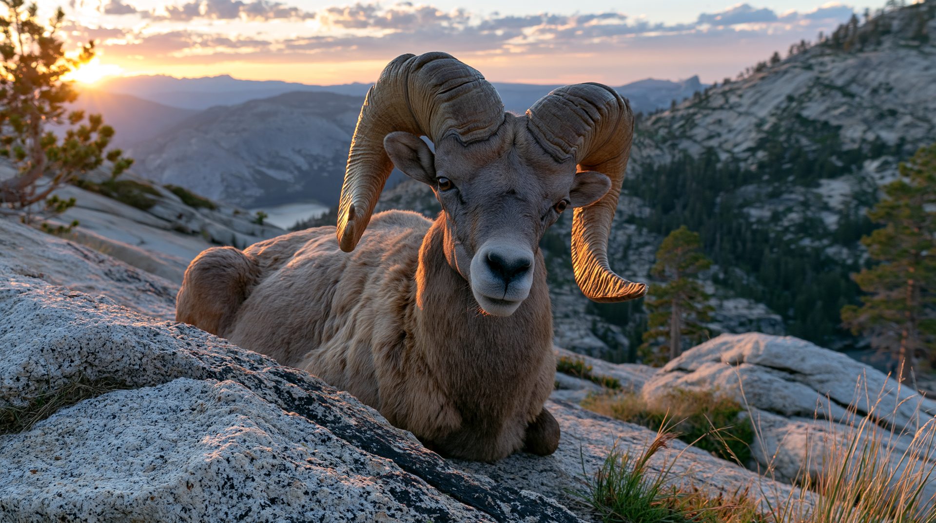 A close-up wide-angle shot of a wild Sierra Nevada bighorn sheep ram resting on a granite ridge at sunrise, looking forward with its massive, deeply ridged curling horns framing its face against an expansive background of mountain valleys, a distant lake, pine trees, and a golden, cloud-filled morning sky.