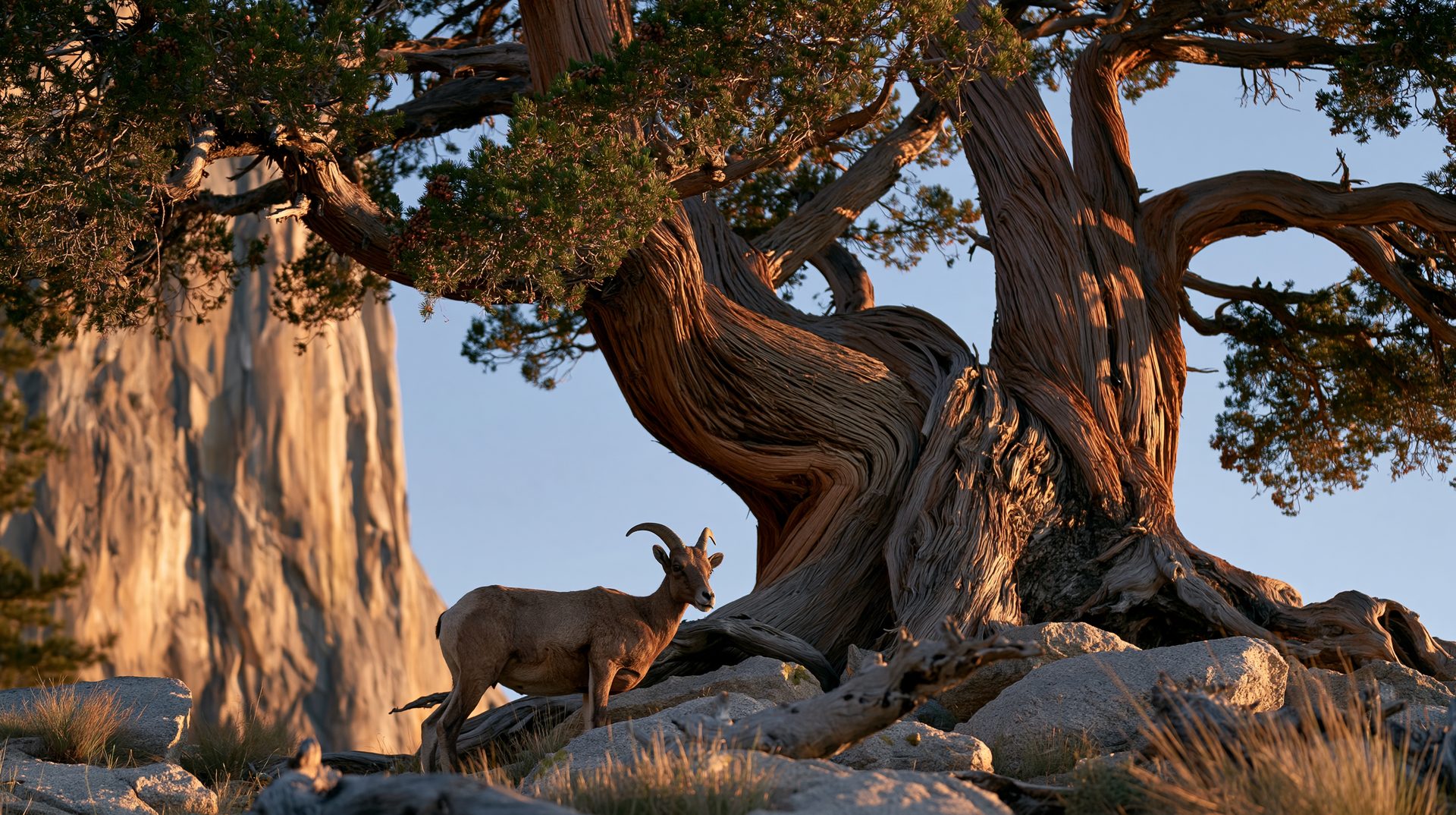 A wild Sierra Nevada bighorn sheep stands among large granite boulders beneath the massive, twisted orange-brown trunk of an ancient Sierra juniper tree, with a towering, sunlit granite cliff face rising in the soft-focus background under a clear blue sky