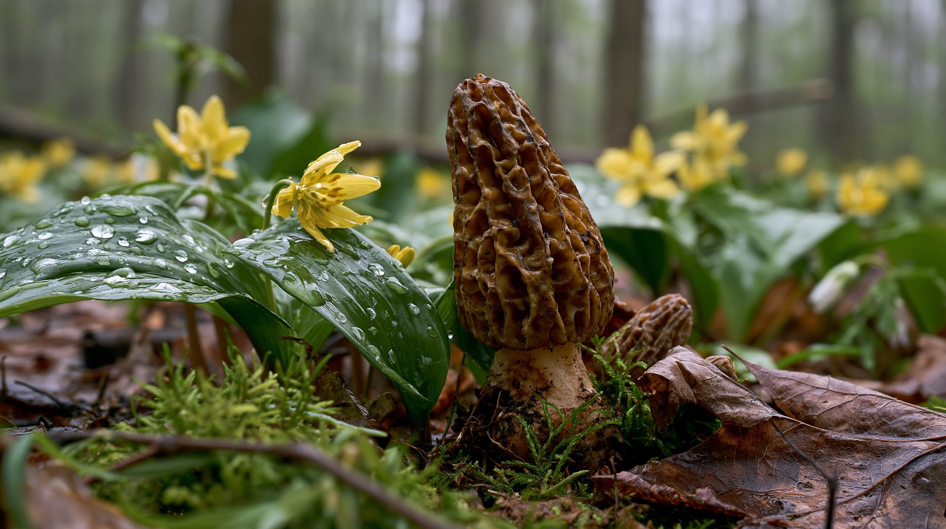 A dramatic, low-angle macro shot of a freshly sprouted yellow morel mushroom standing in mossy damp soil, flanked by moisture-slicked green leaves and blooming yellow trout lilies dotted with fresh rain drops under a soft-focus forest canopy.