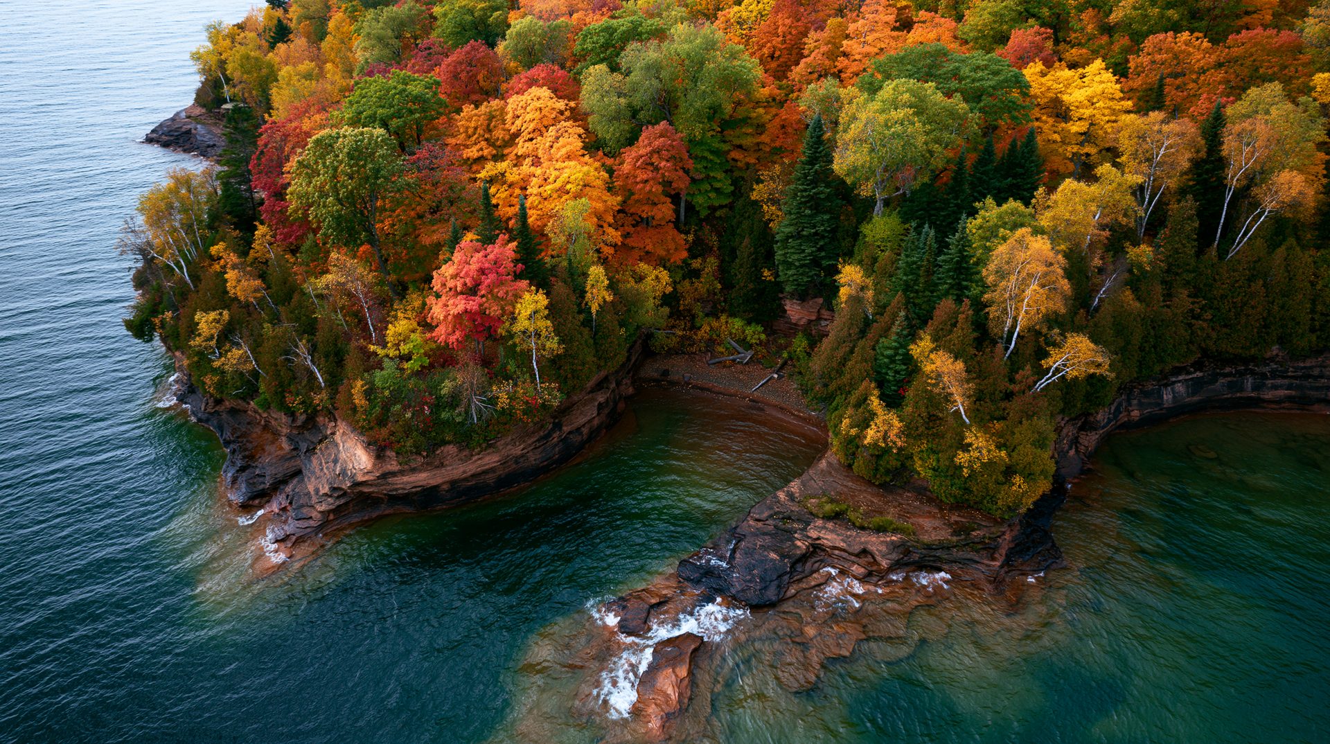 High-angle aerial drone photograph of a rocky sandstone cove on Lake Superior surrounded by a vibrant autumn forest of bright red, orange, and green trees.