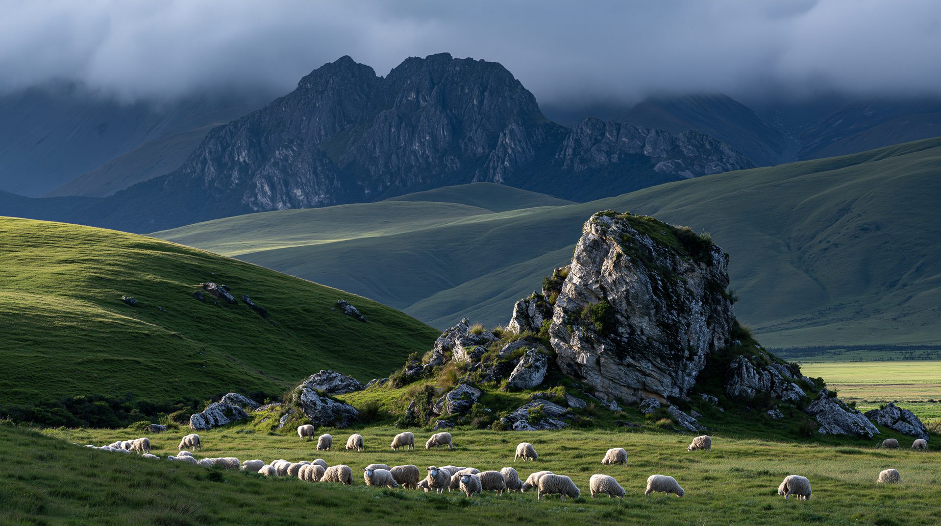 A breathtaking landscape photograph in New Zealand showing a flock of sheep grazing on a vibrant green hillside near a massive rocky outcrop, with rolling green downs and a jagged, dark mountain range shrouded in low clouds in the background.