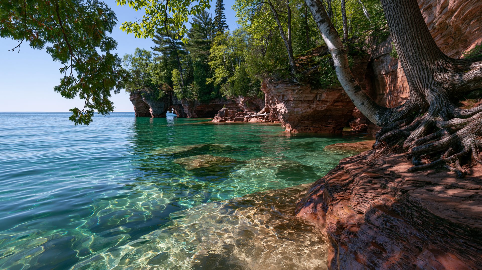 A vibrant wide-angle shot of a rocky sandstone shoreline with a prominent, gnarled tree root system on the right, overhanging crystal-clear teal water that reveals sunlit rocks on the lake floor, with distant rock arches visible along the coast under a clear blue sky.