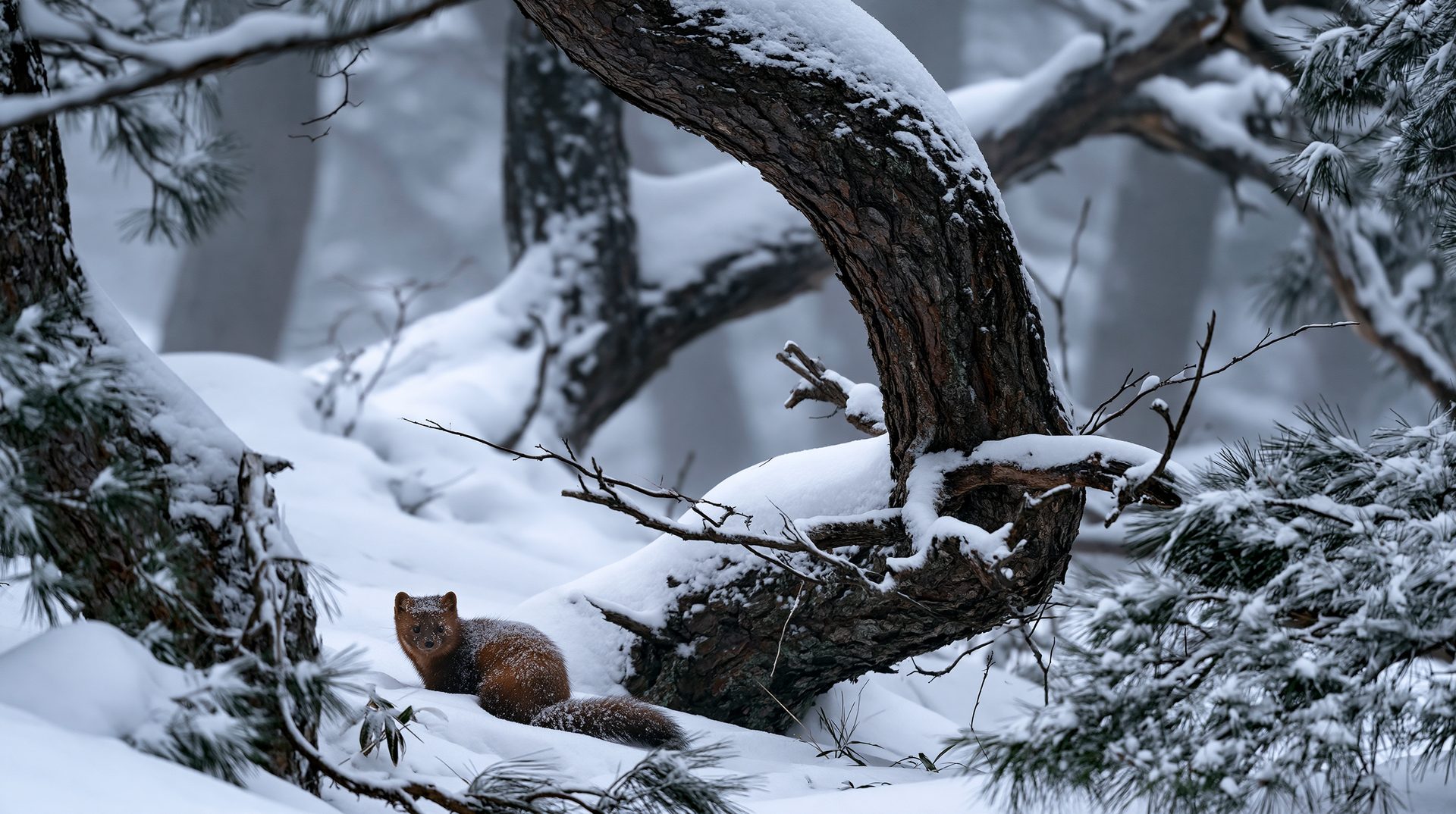 A small, dark brown Japanese sable with thick winter fur and a long, bushy tail sits quietly on deep white snow under the sweeping, snow-laden branch of an ancient pine tree in a misty winter forest.