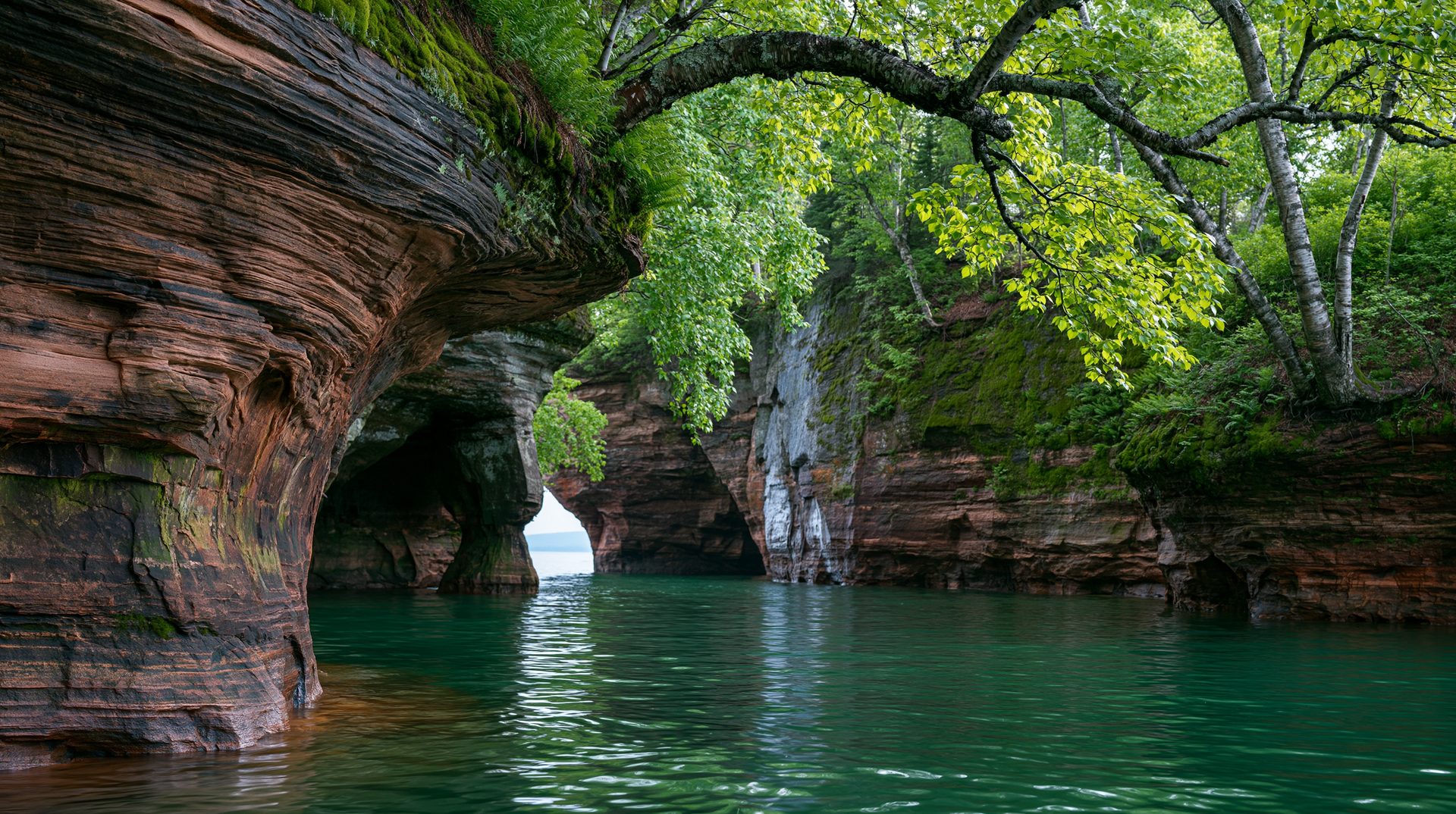 A low-angle shot of a green-canopied sandstone cliff face with a large overhanging tree branch, framing a calm channel of teal lake water leading toward sea cave arches in the distance.